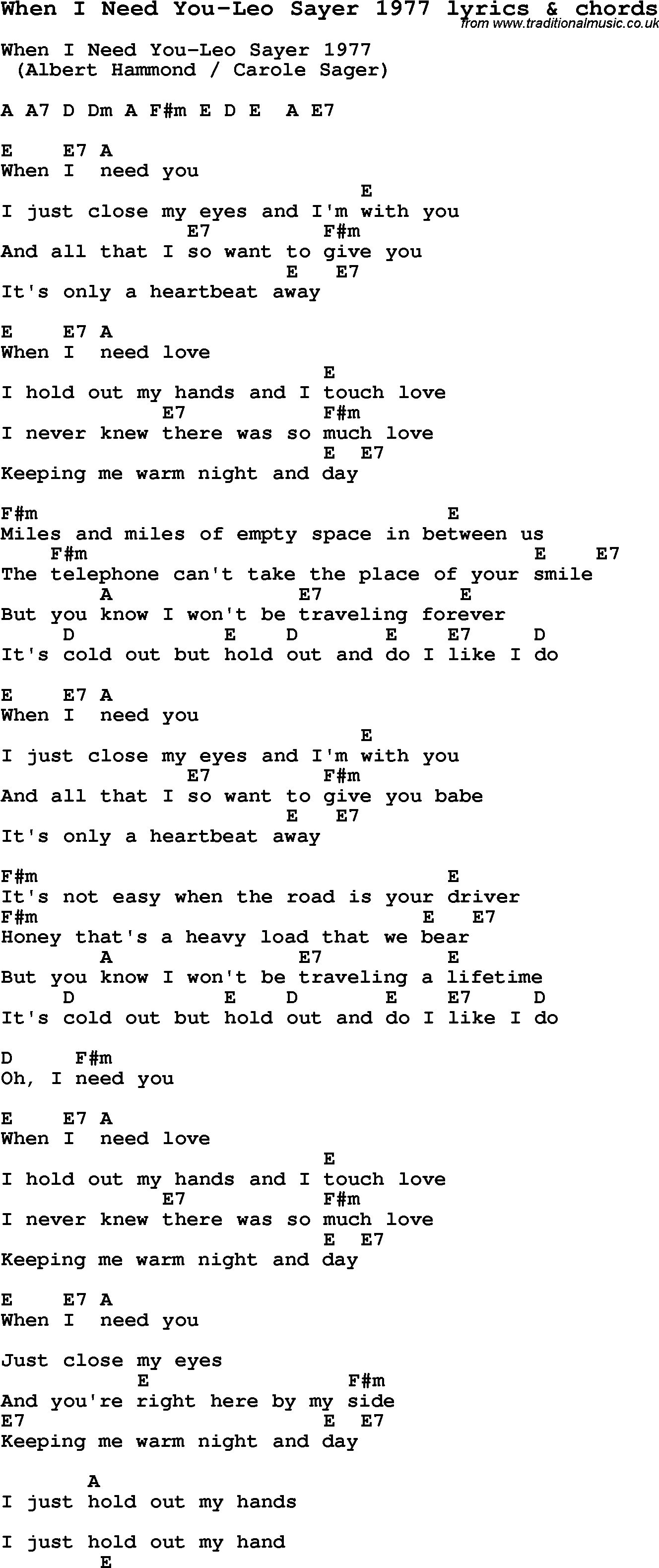 Love Song Lyrics for: When I Need You-Leo Sayer 1977 with chords for Ukulele, Guitar Banjo etc.