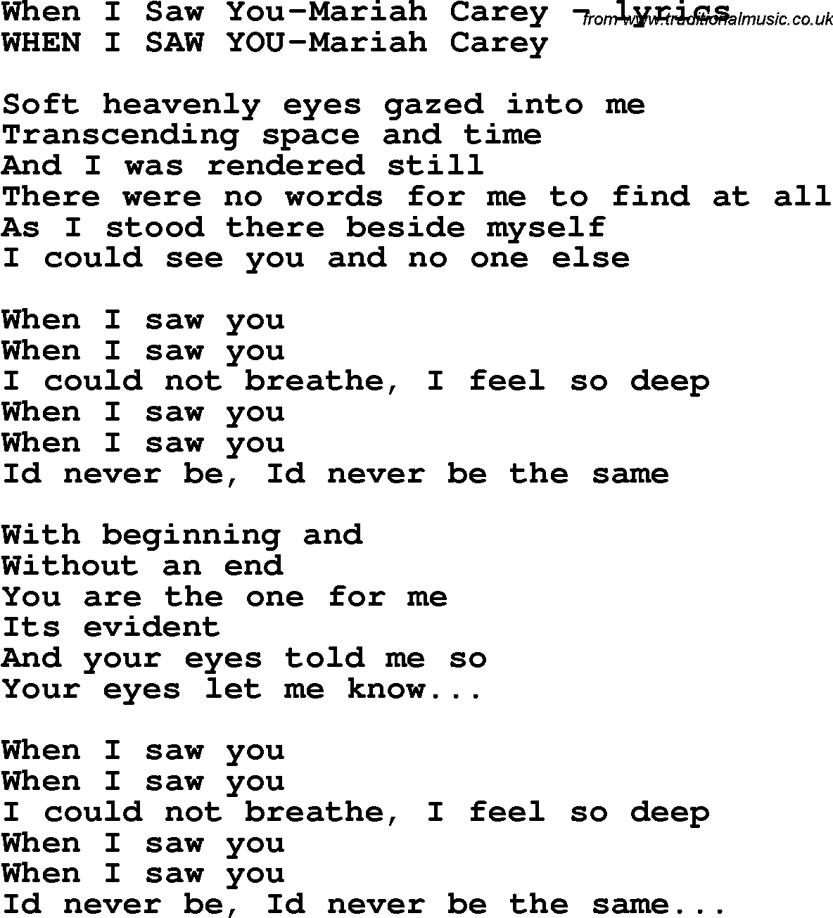 Love Song Lyrics for: When I Saw You-Mariah Carey