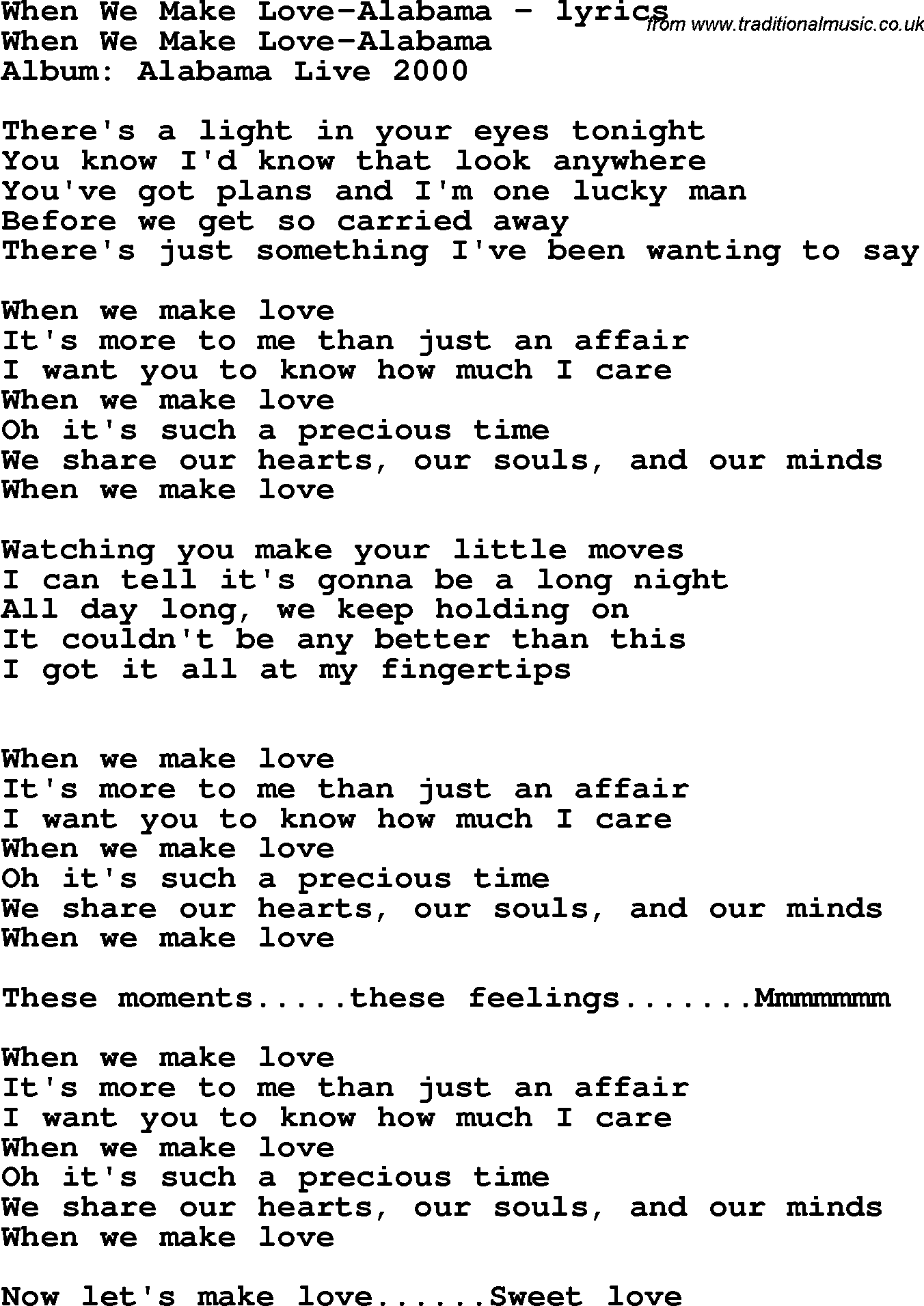 Love Song Lyrics for: When We Make Love-Alabama
