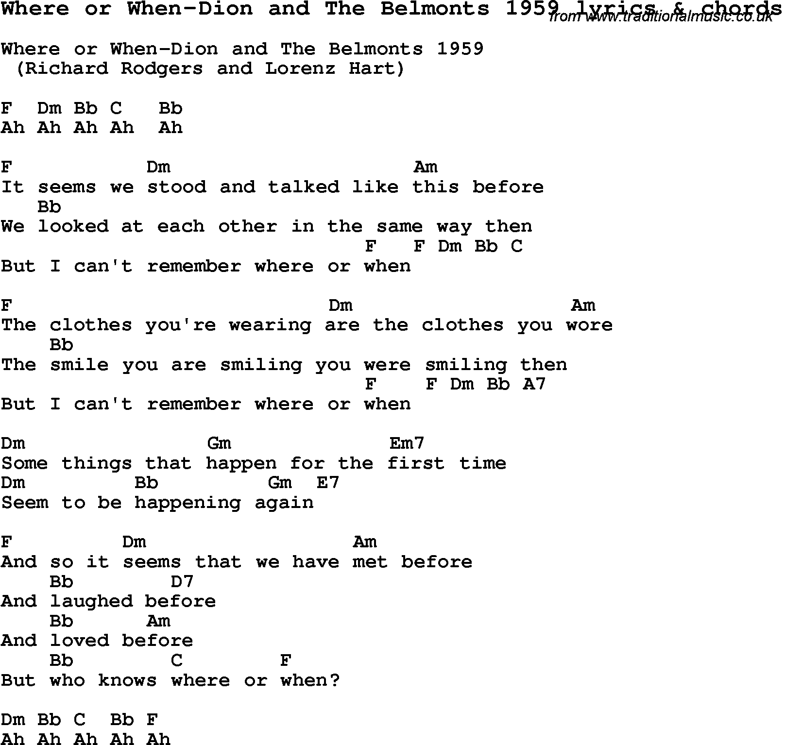 Love Song Lyrics for: Where or When-Dion and The Belmonts 1959 with chords for Ukulele, Guitar Banjo etc.