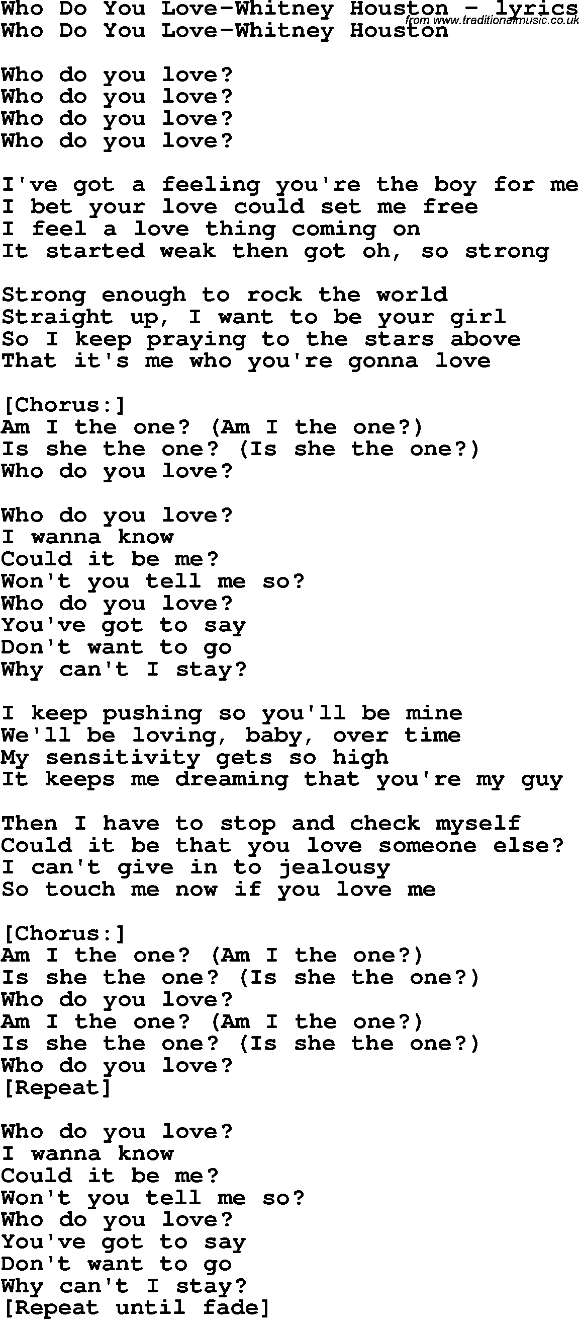 Love Song Lyrics for: Who Do You Love-Whitney Houston
