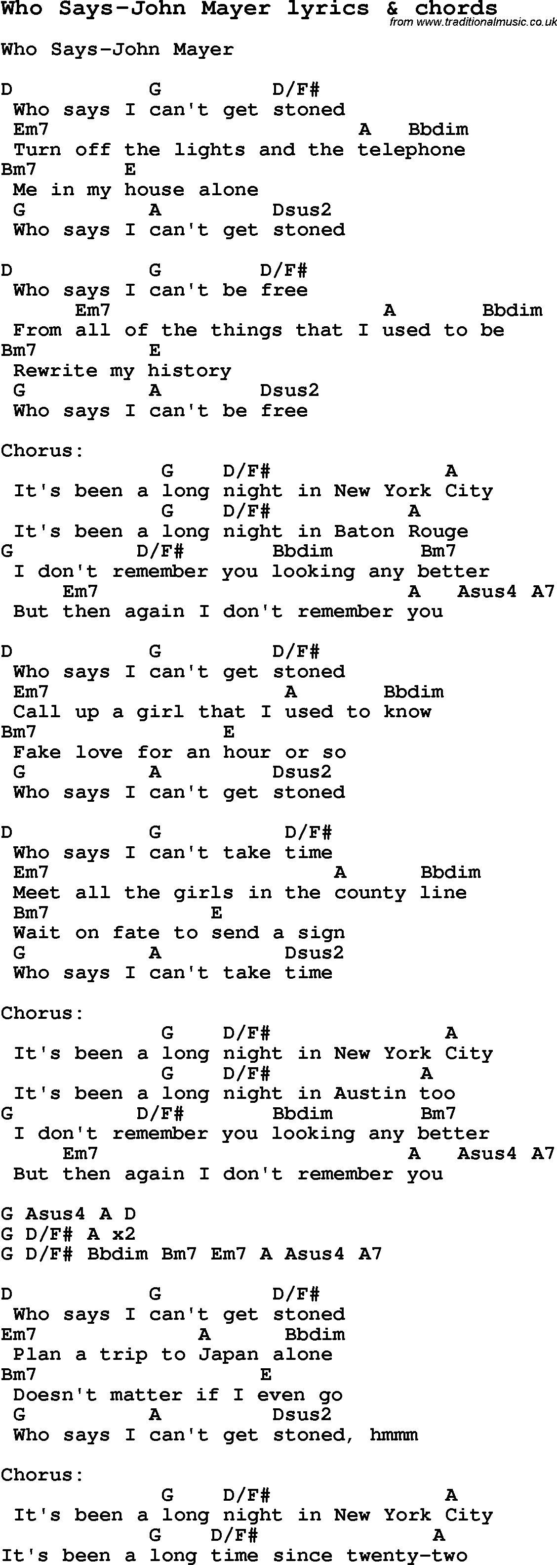 Love Song Lyrics for: Who Says-John Mayer with chords for Ukulele, Guitar Banjo etc.
