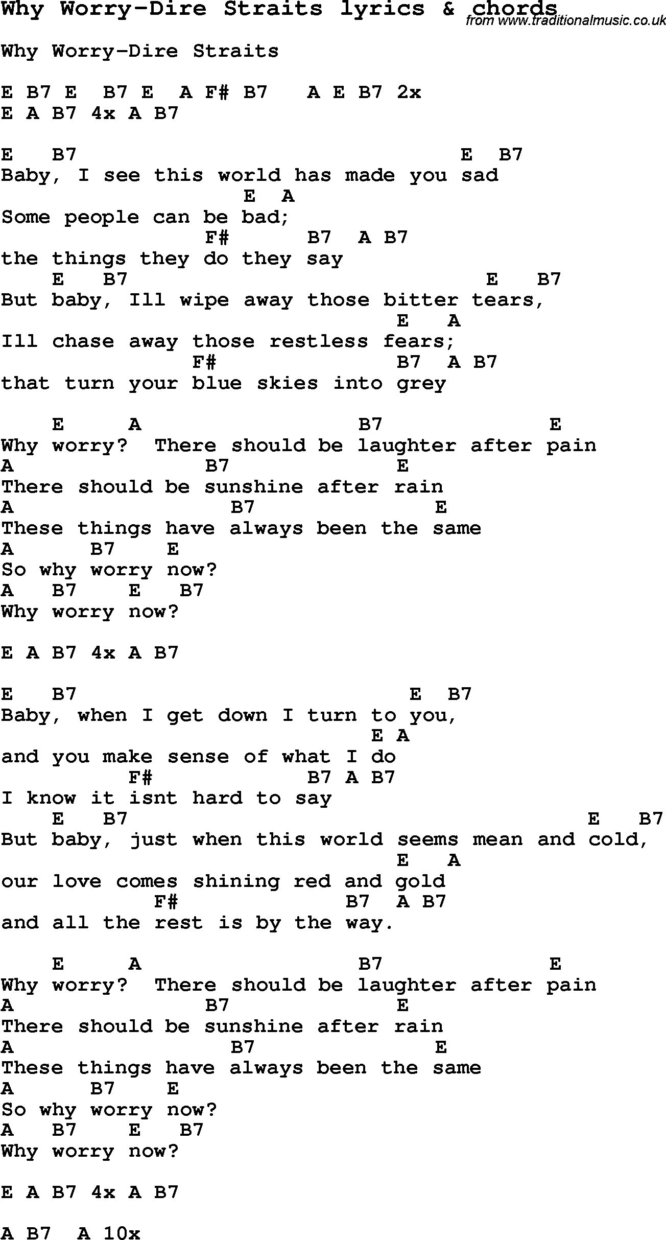 Love Song Lyrics for: Why Worry-Dire Straits with chords for Ukulele, Guitar Banjo etc.