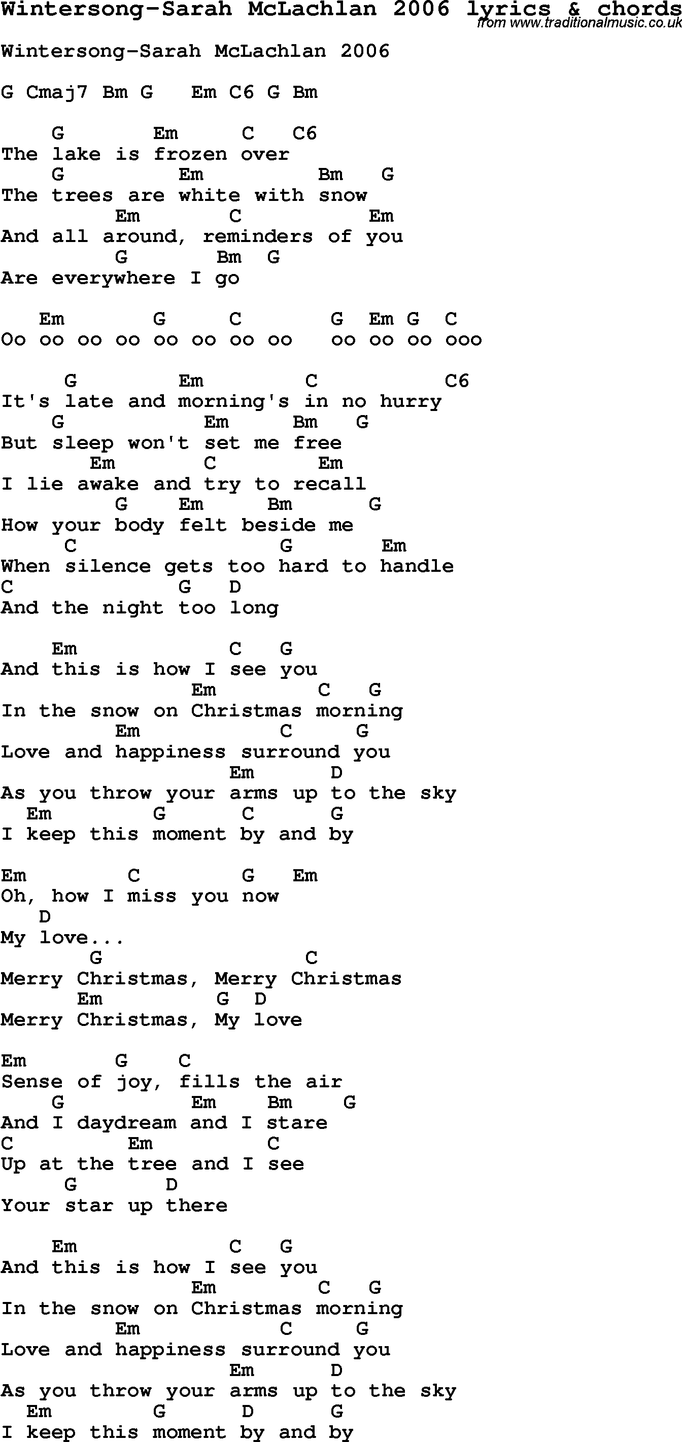 Love Song Lyrics for: Wintersong-Sarah McLachlan 2006 with chords for Ukulele, Guitar Banjo etc.