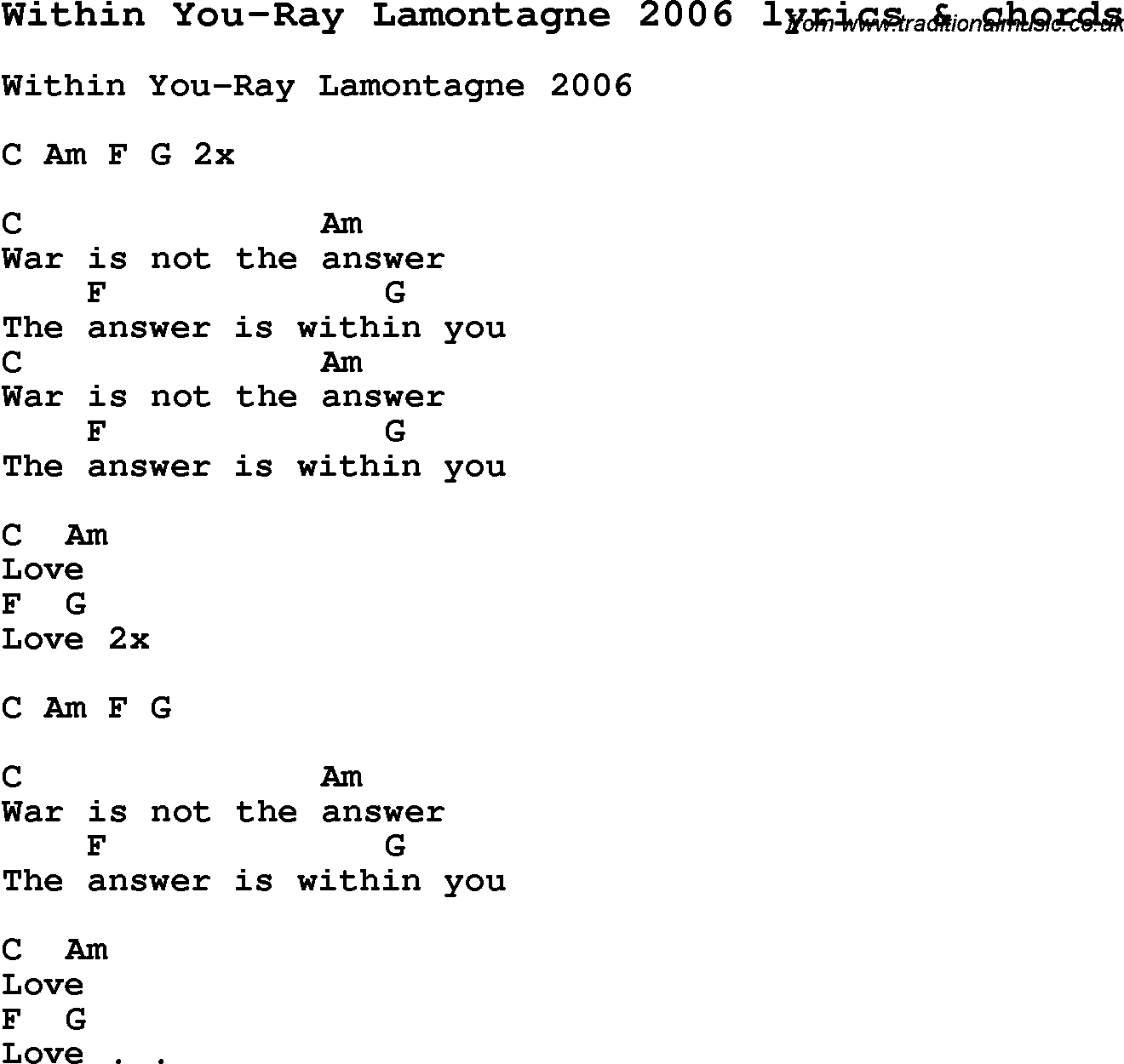 Love Song Lyrics for: Within You-Ray Lamontagne 2006 with chords for Ukulele, Guitar Banjo etc.