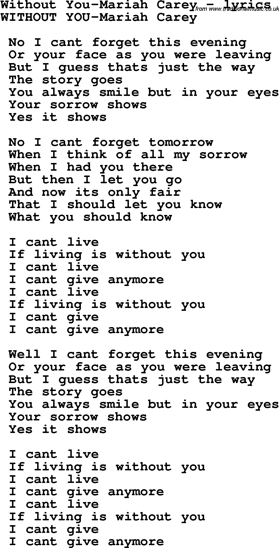 Love Song Lyrics for: Without You-Mariah Carey