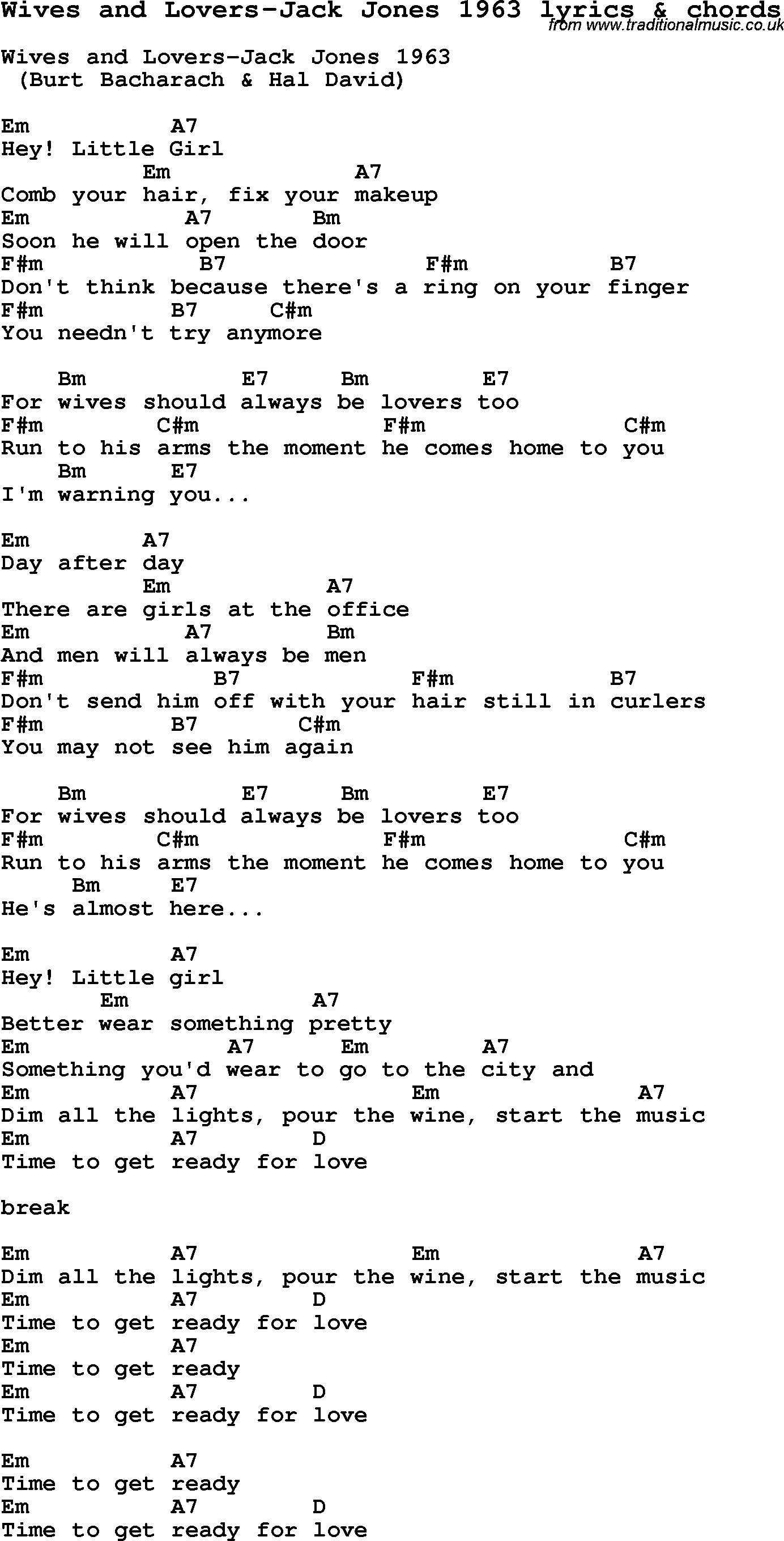 Love Song Lyrics for: Wives and Lovers-Jack Jones 1963 with chords for Ukulele, Guitar Banjo etc.