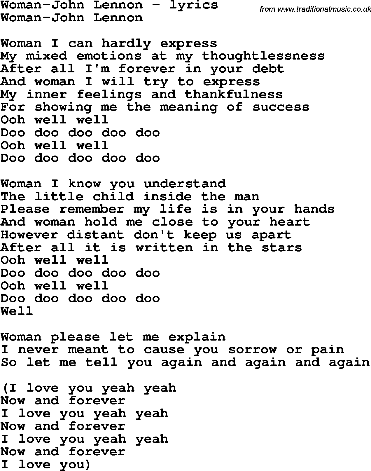 Love Song Lyrics for: Woman-John Lennon