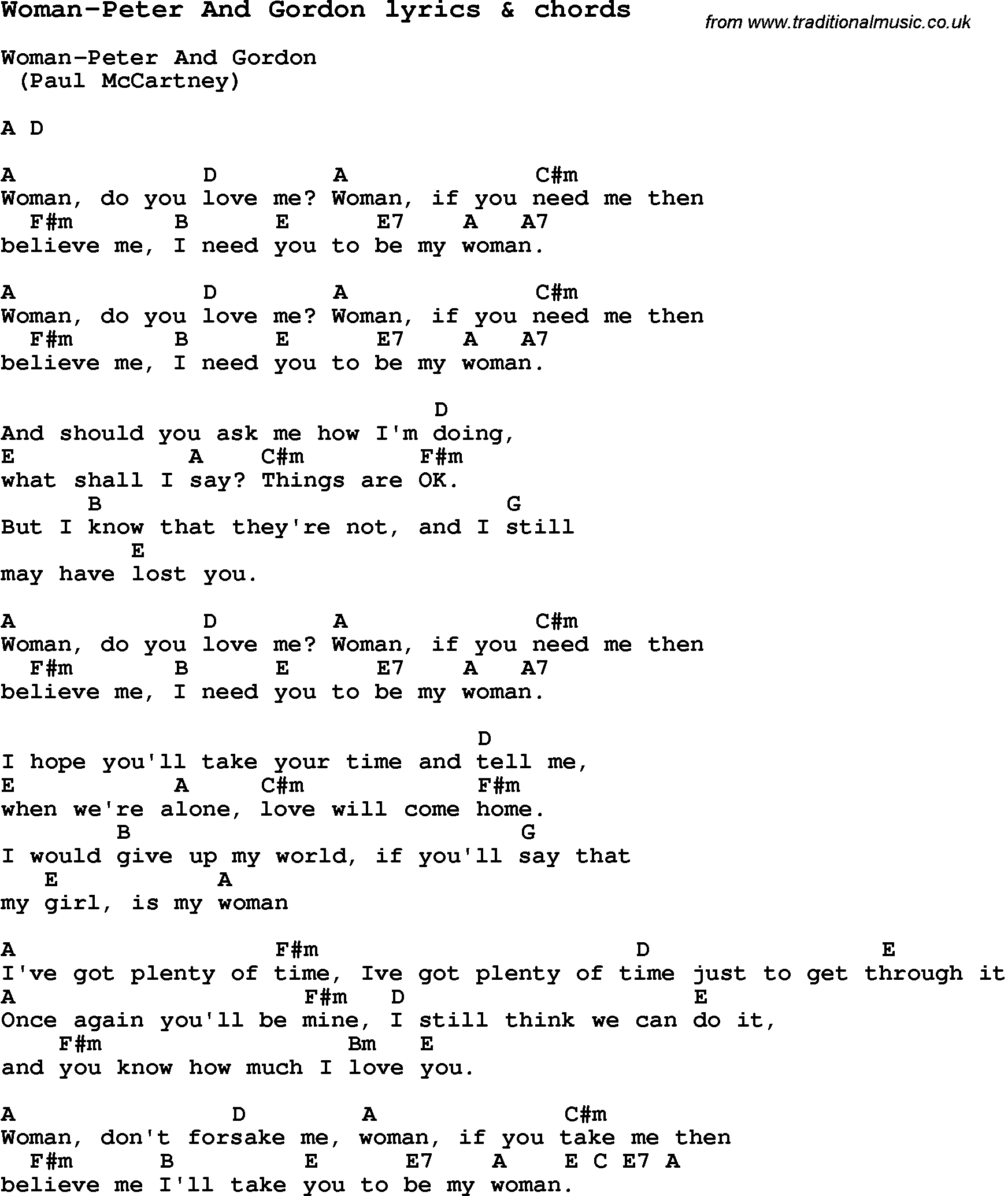 Love Song Lyrics for: Woman-Peter And Gordon with chords for Ukulele, Guitar Banjo etc.