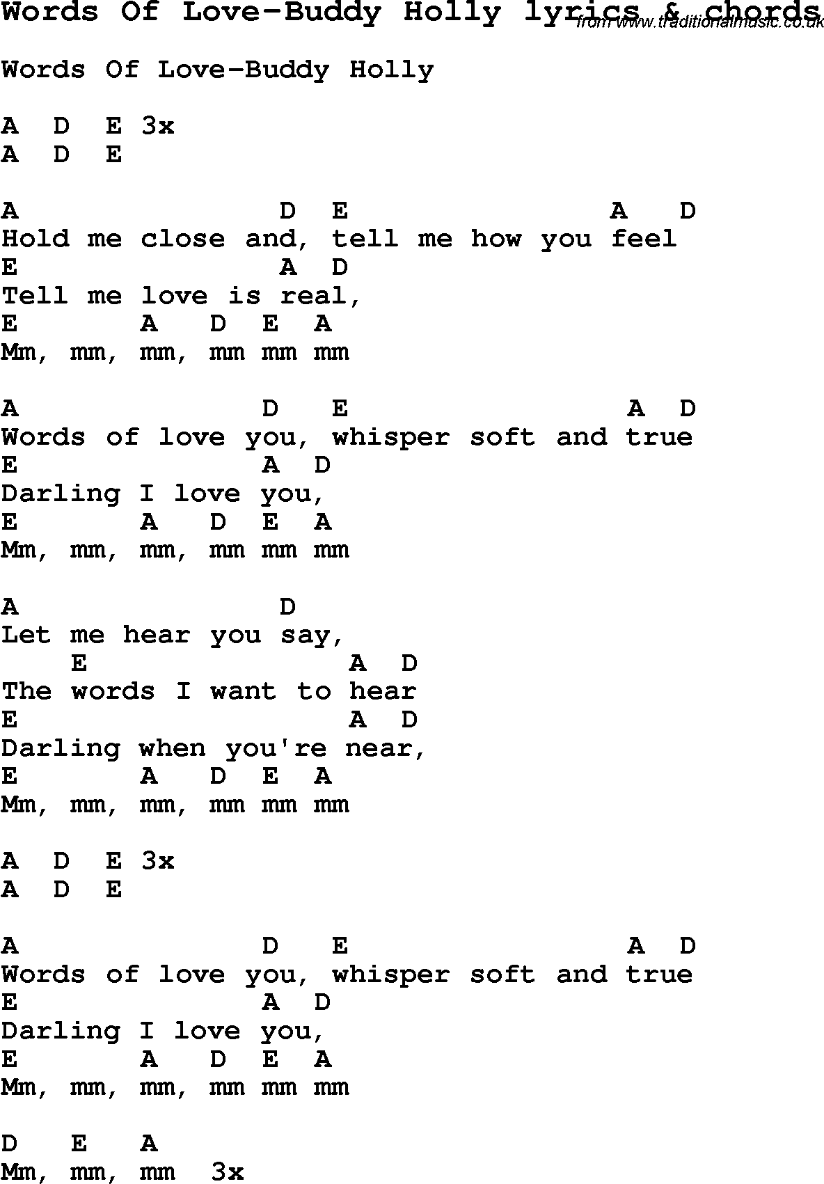 Love Song Lyrics for: Words Of Love-Buddy Holly with chords for Ukulele, Guitar Banjo etc.