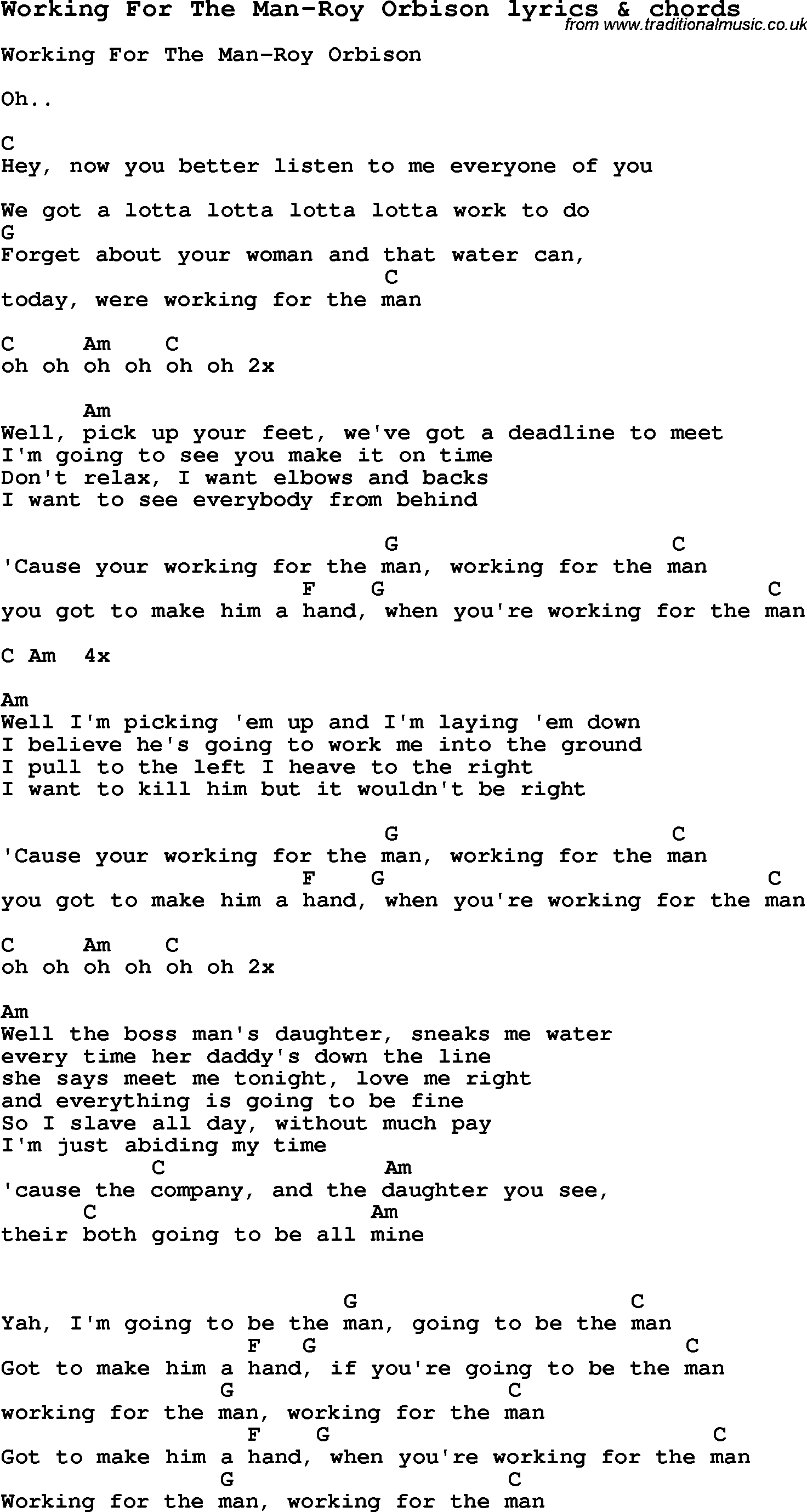 Love Song Lyrics for: Working For The Man-Roy Orbison with chords for ...
