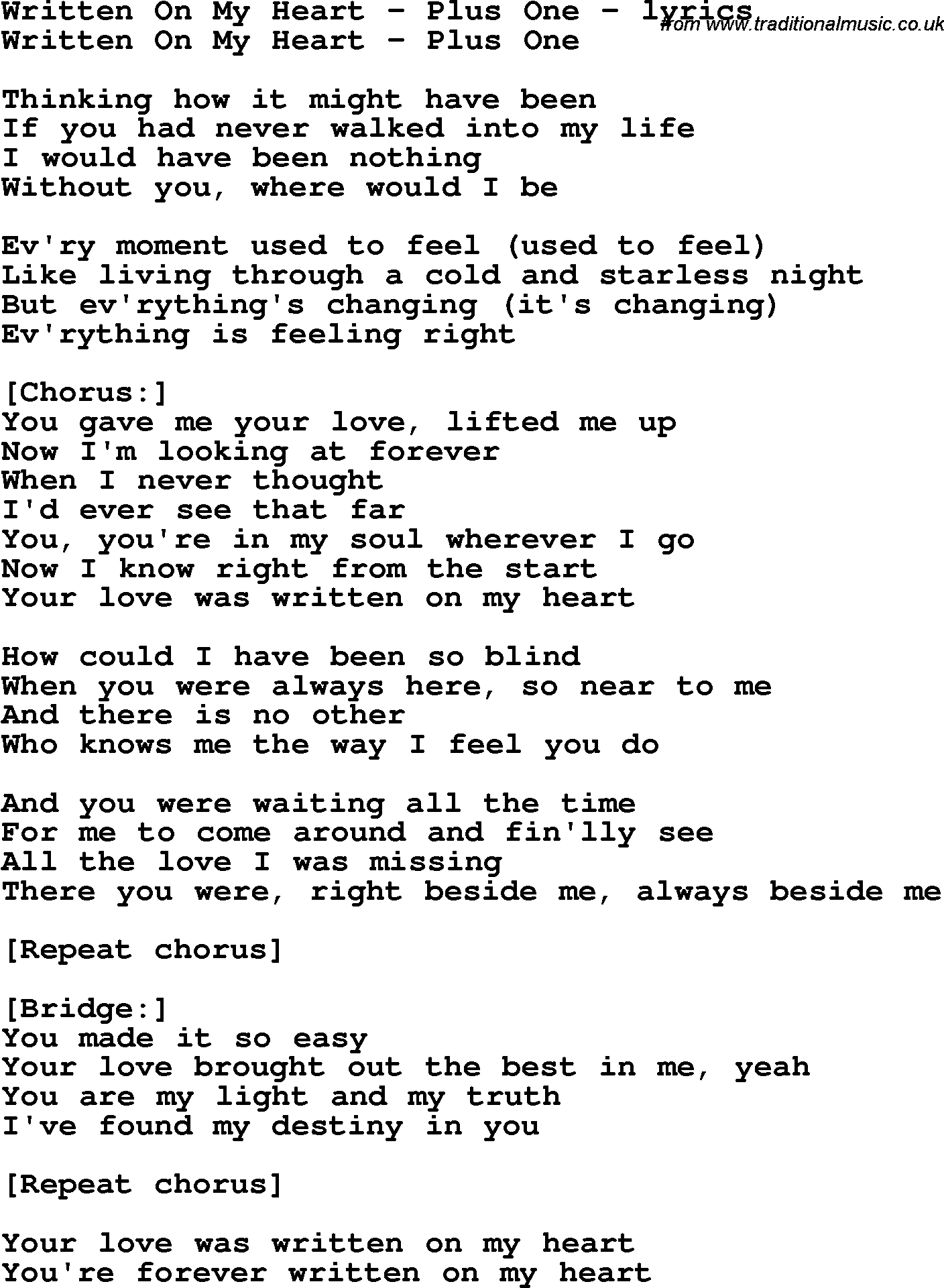 Love Song Lyrics for: Written On My Heart - Plus One