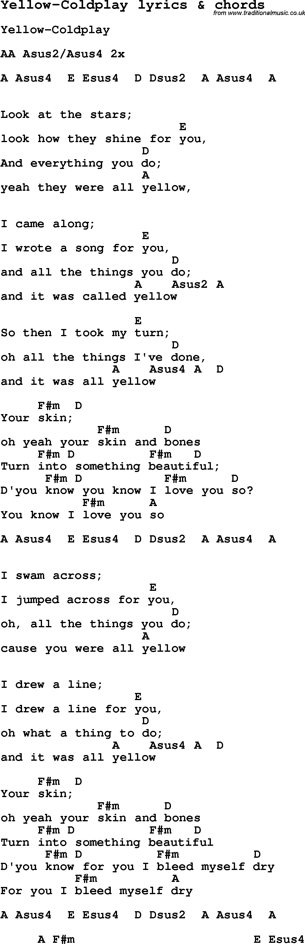 Love Song Lyrics for: Yellow-Coldplay with chords for Ukulele, Guitar Banjo etc.