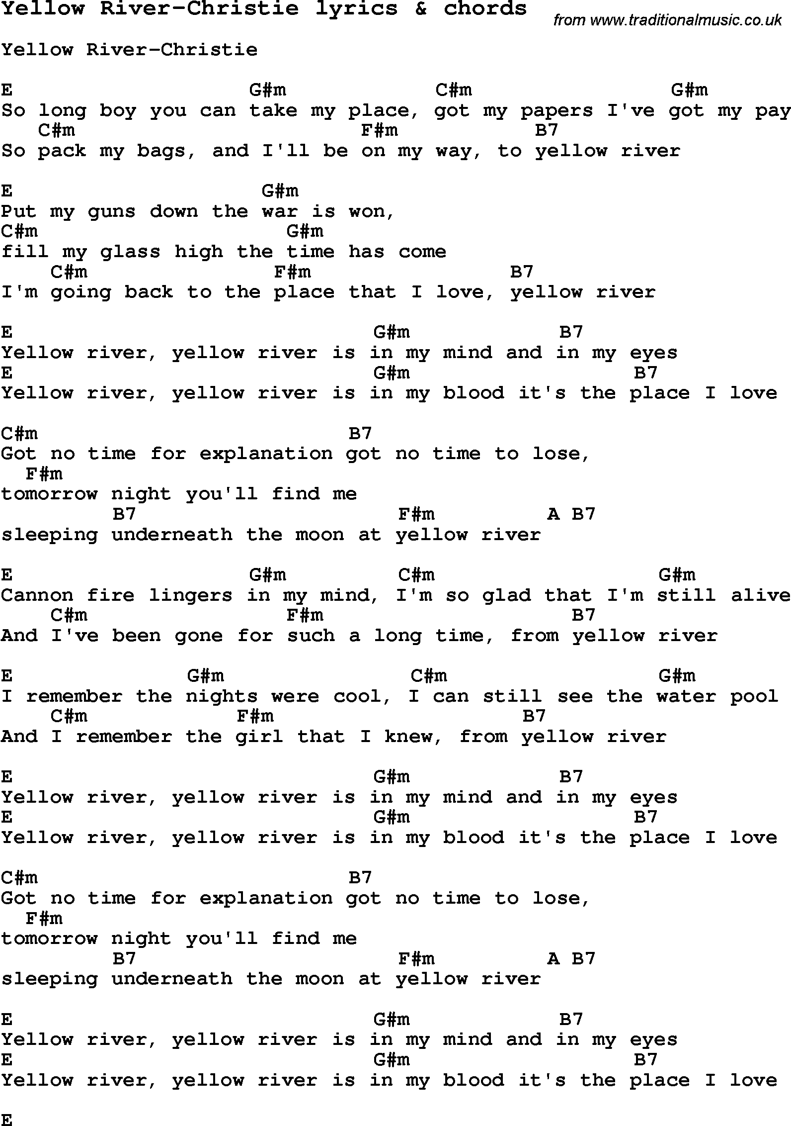 Love Song Lyrics for: Yellow River-Christie with chords for Ukulele, Guitar Banjo etc.