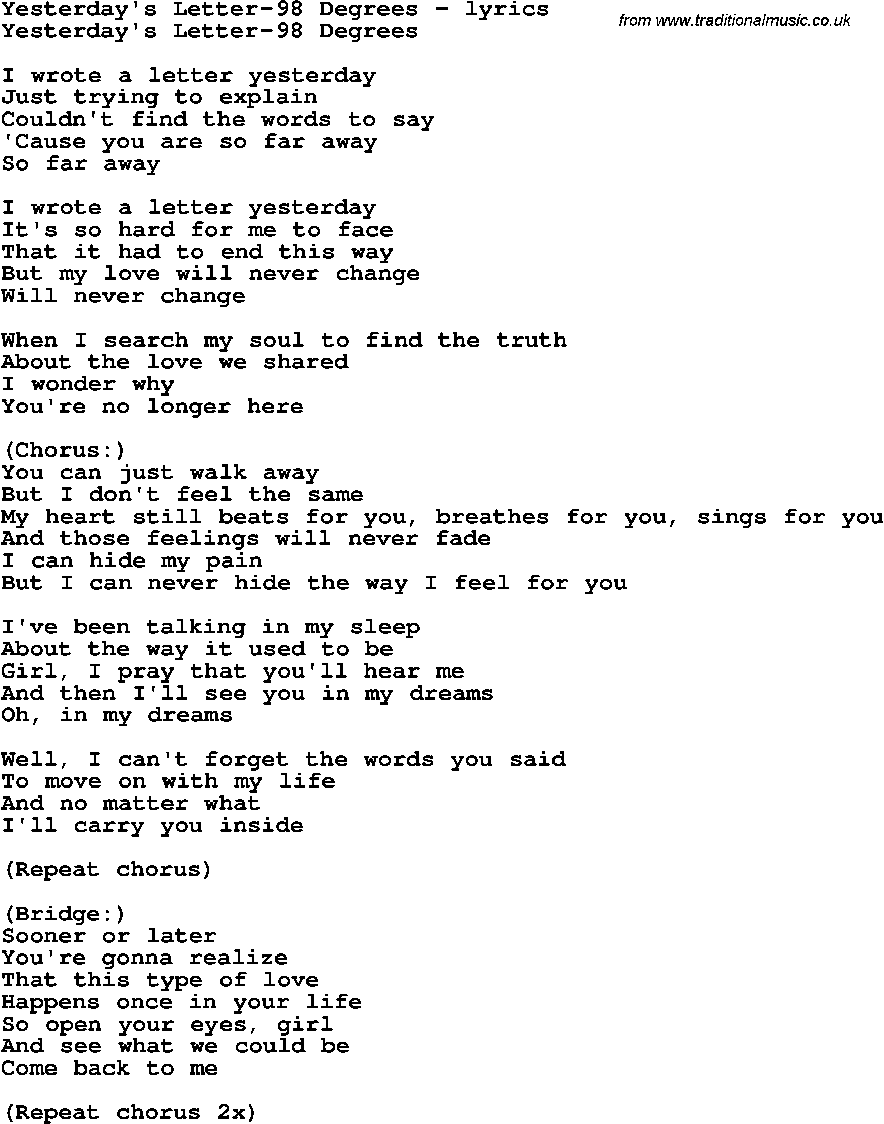 Love Song Lyrics for: Yesterday's Letter-98 Degrees