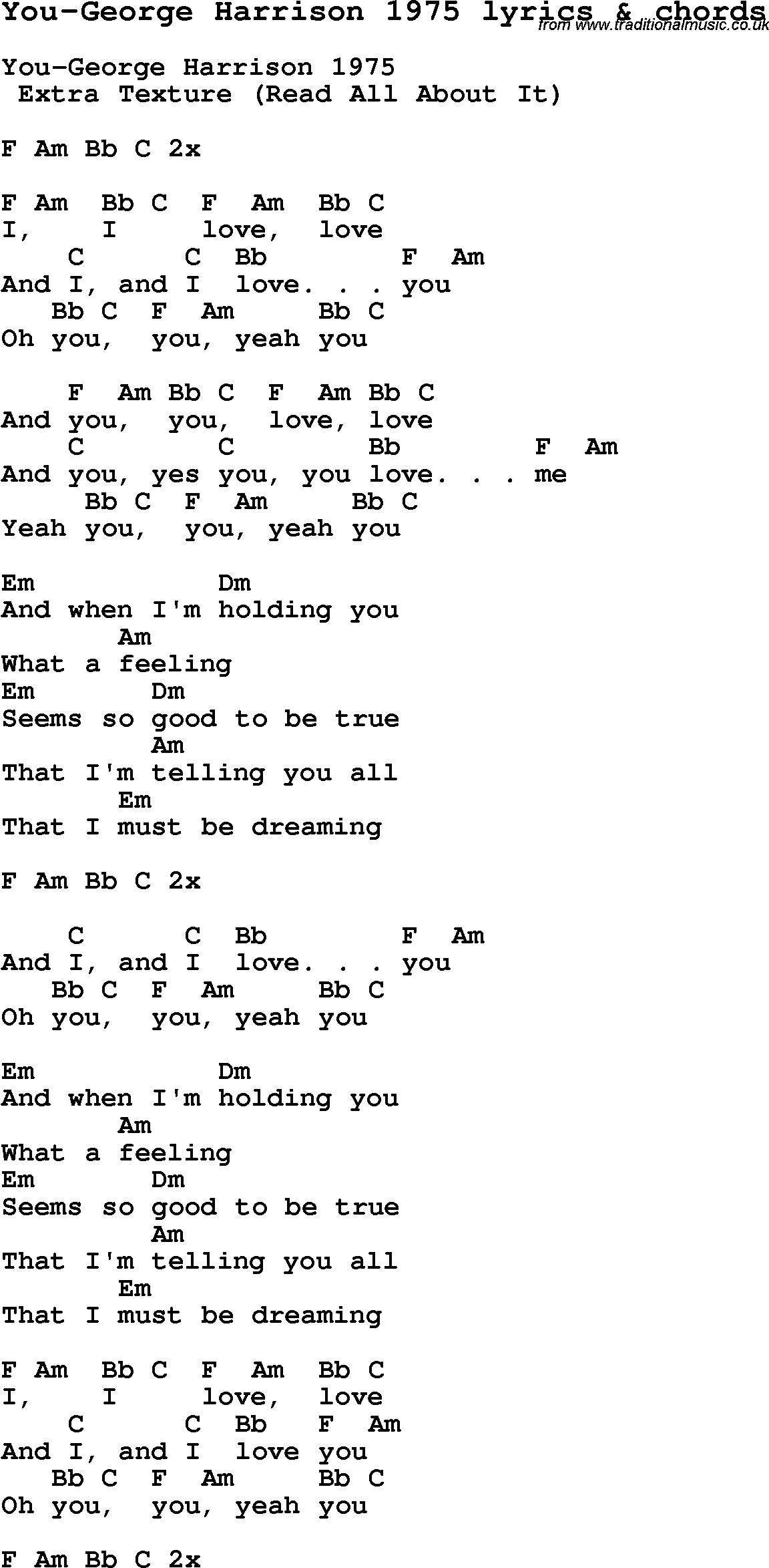 Love Song Lyrics for: You-George Harrison 1975 with chords for Ukulele, Guitar Banjo etc.