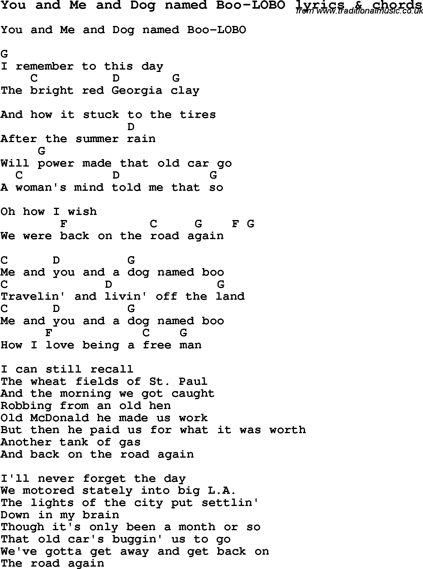 Love Song Lyrics for: You and Me and Dog named Boo-LOBO with chords for Ukulele, Guitar Banjo etc.