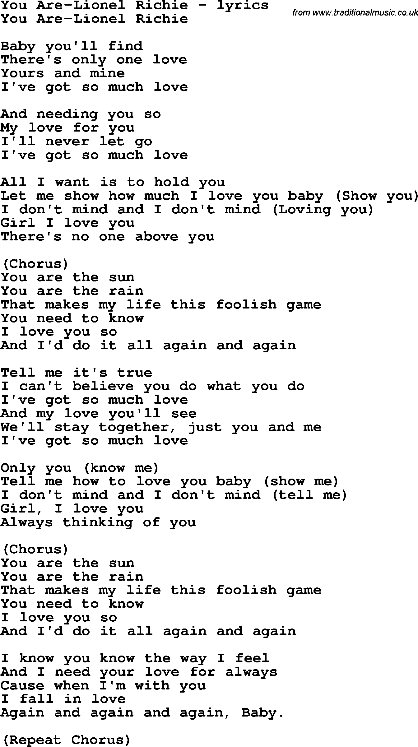 Love Song Lyrics for: You Are-Lionel Richie