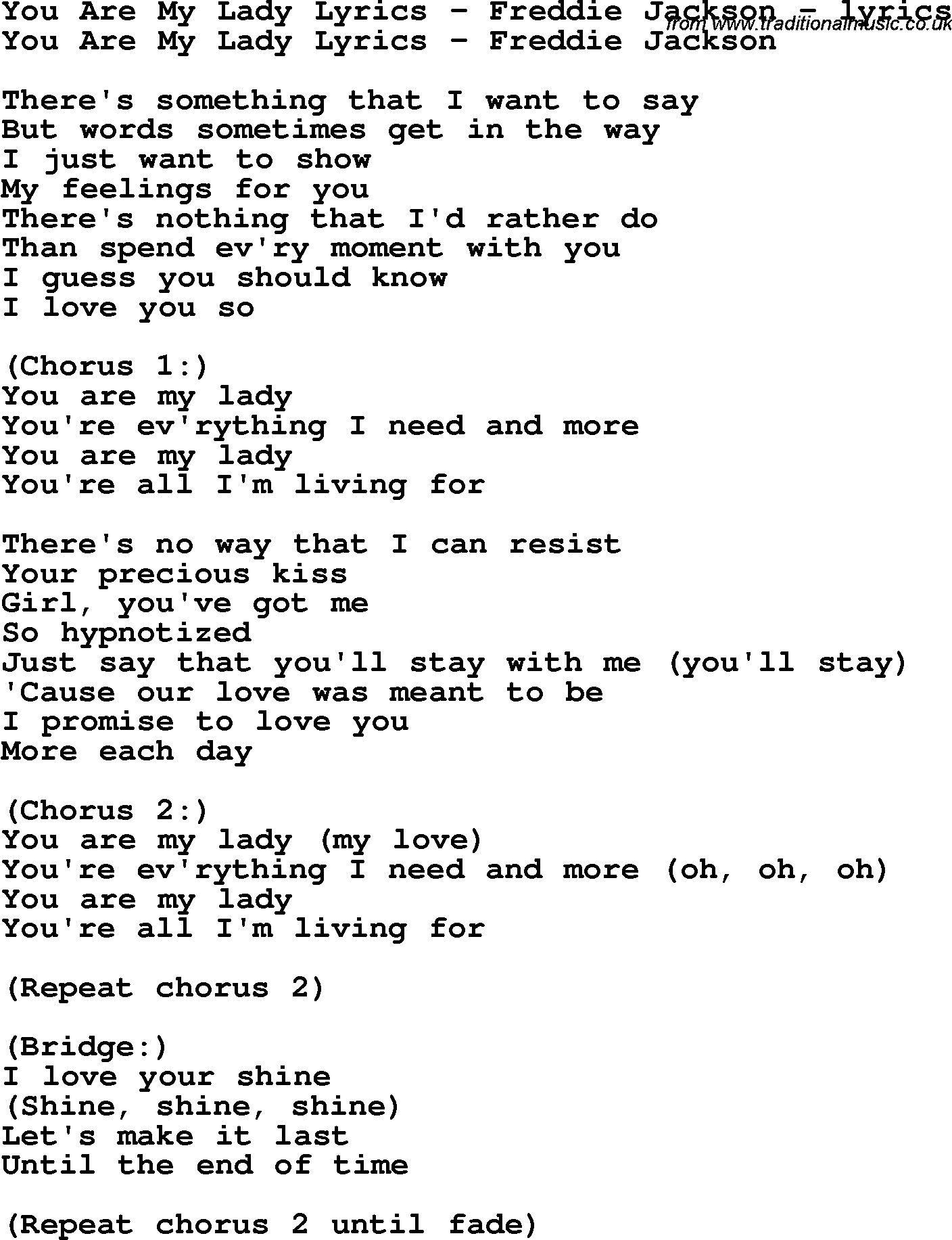 Love Song Lyrics for: You Are My Lady Lyrics - Freddie Jackson