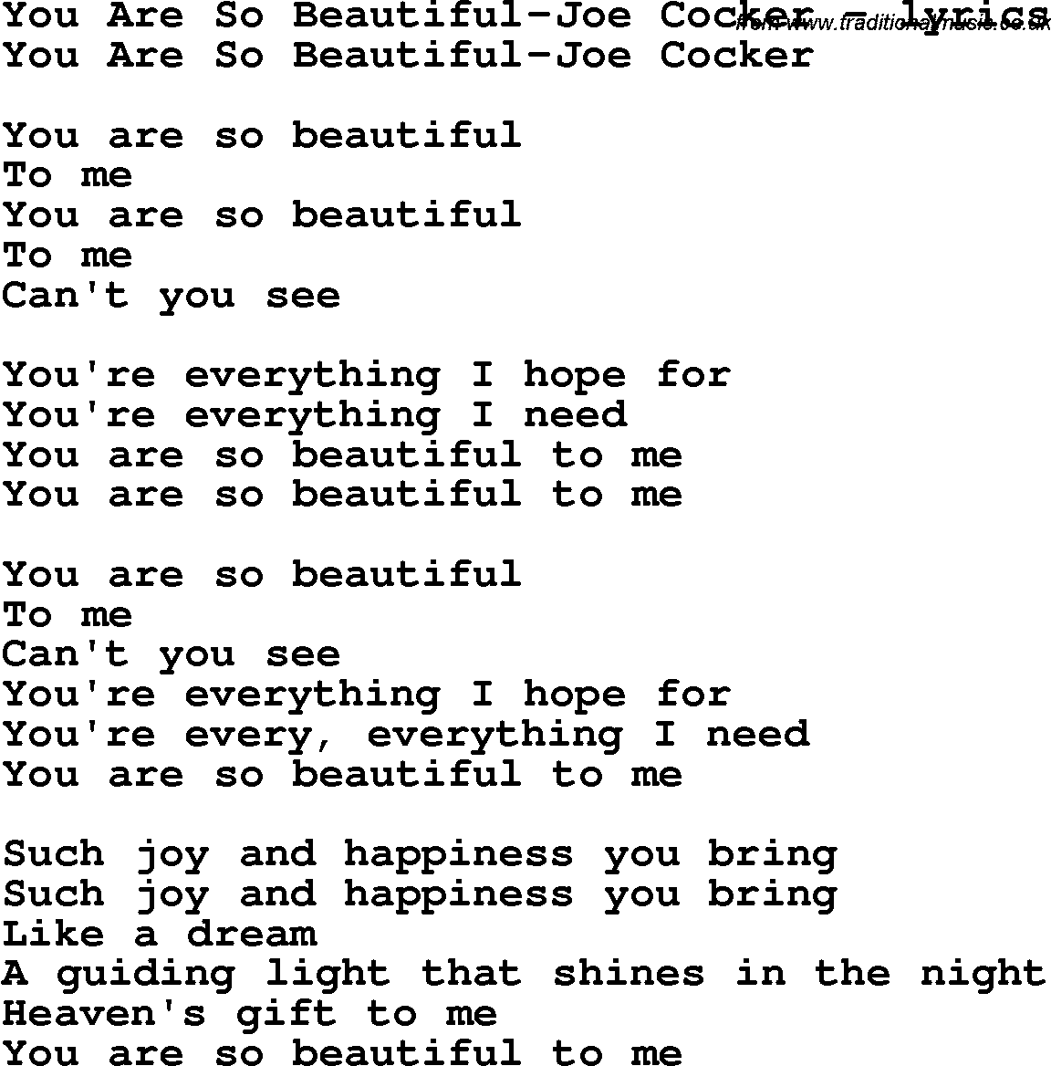 Love Song Lyrics for: You Are So Beautiful-Joe Cocker