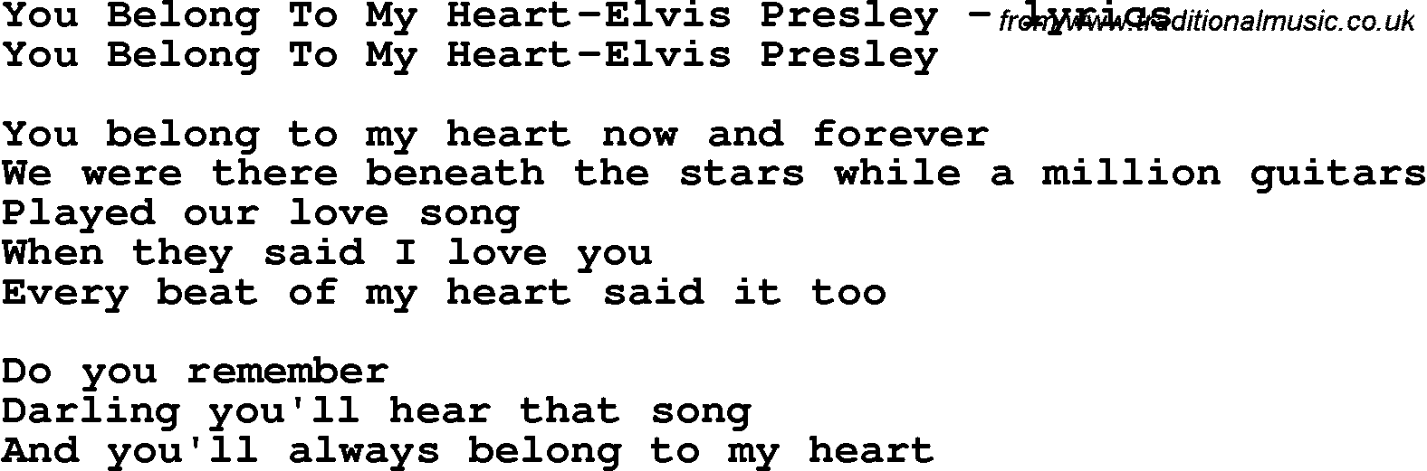 Love Song Lyrics for: You Belong To My Heart-Elvis Presley