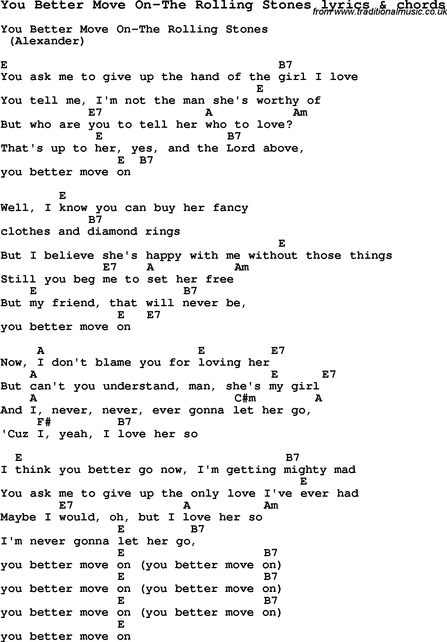 Love Song Lyrics for: You Better Move On-The Rolling Stones with chords for Ukulele, Guitar Banjo etc.