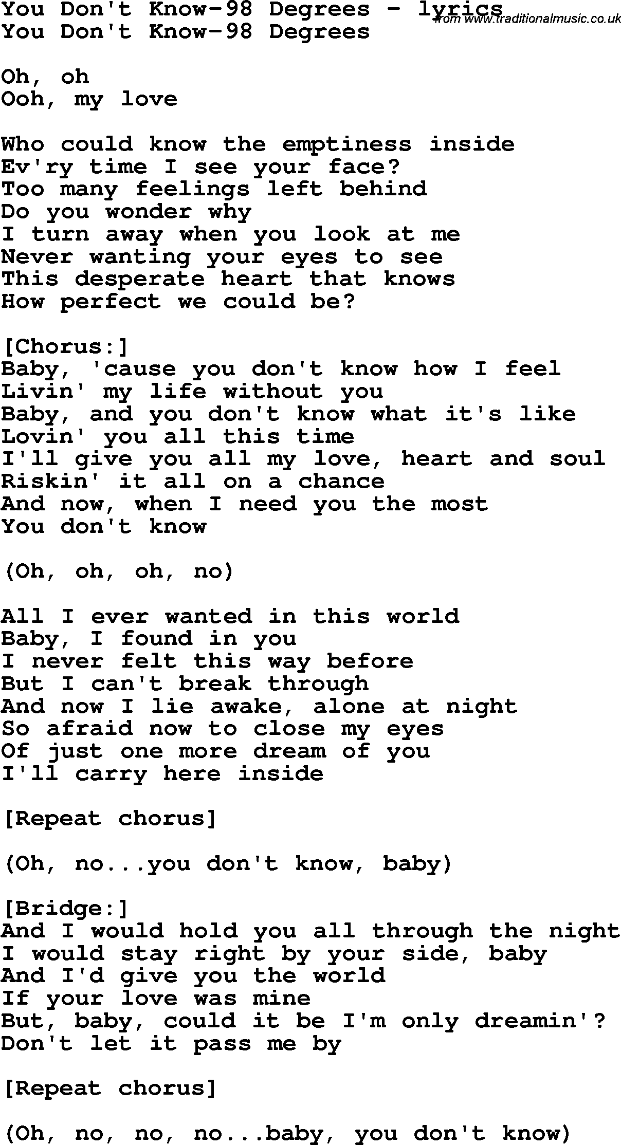 Love Song Lyrics for: You Don't Know-98 Degrees