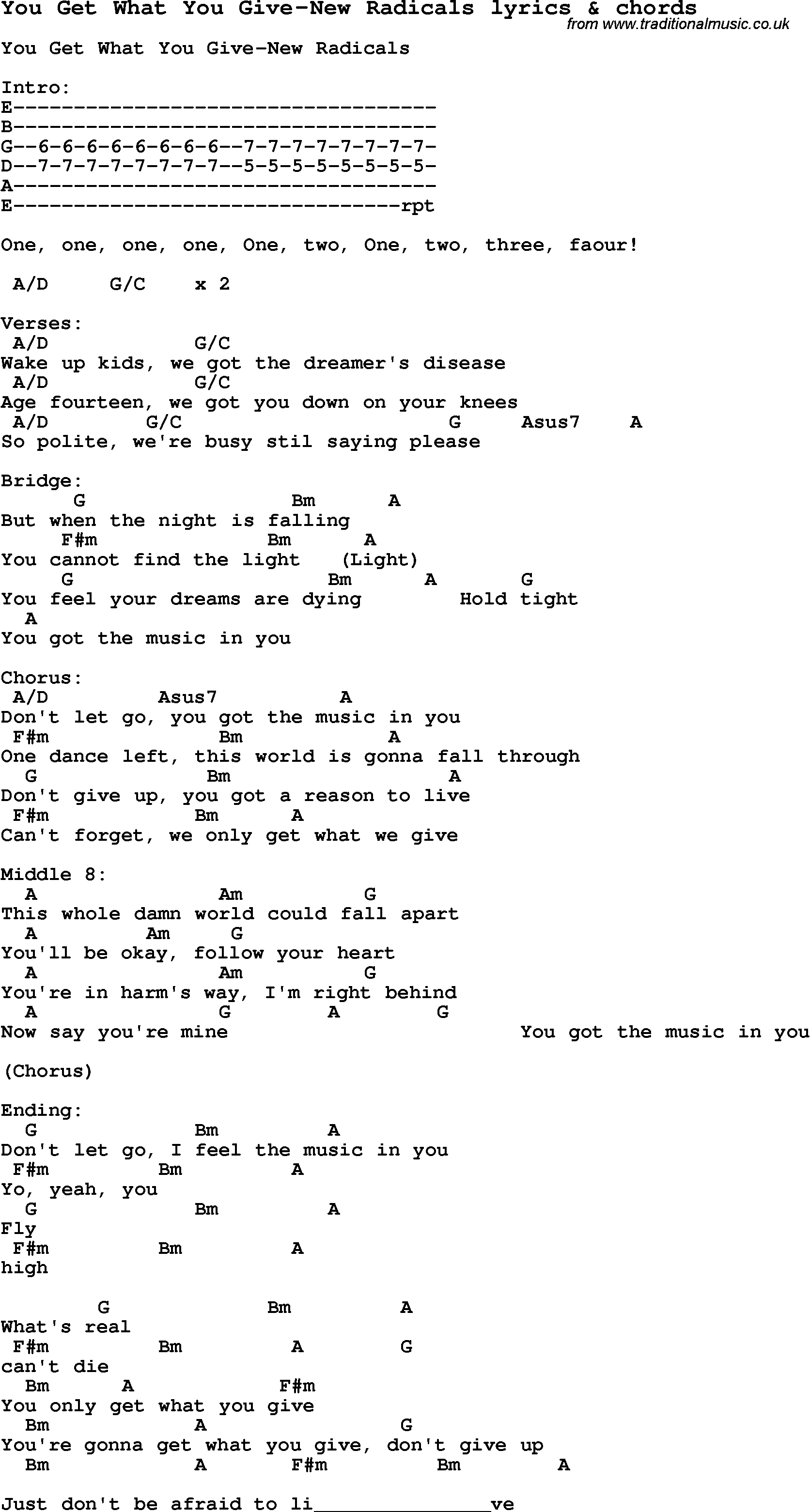 Love Song Lyrics for: You Get What You Give-New Radicals with chords for Ukulele, Guitar Banjo etc.