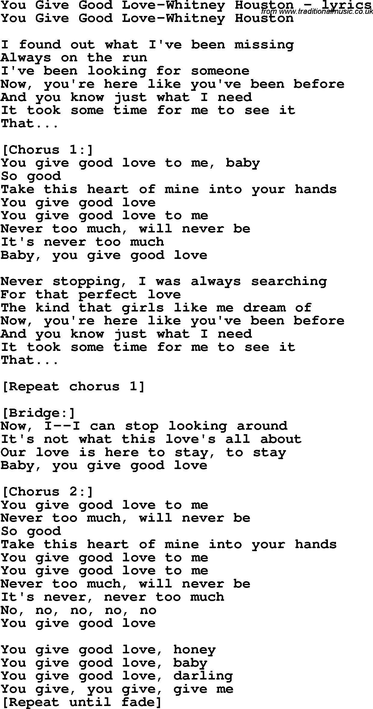 Love Song Lyrics for: You Give Good Love-Whitney Houston