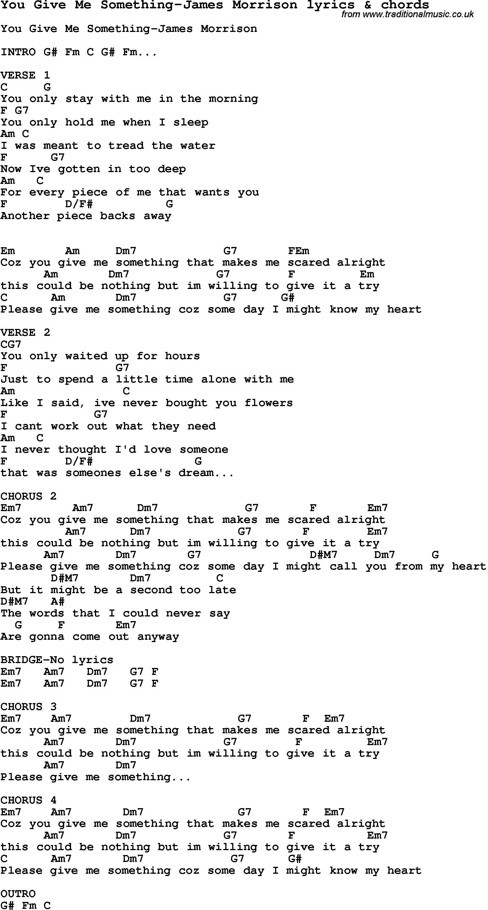 Love Song Lyrics for: You Give Me Something-James Morrison with chords for Ukulele, Guitar Banjo etc.
