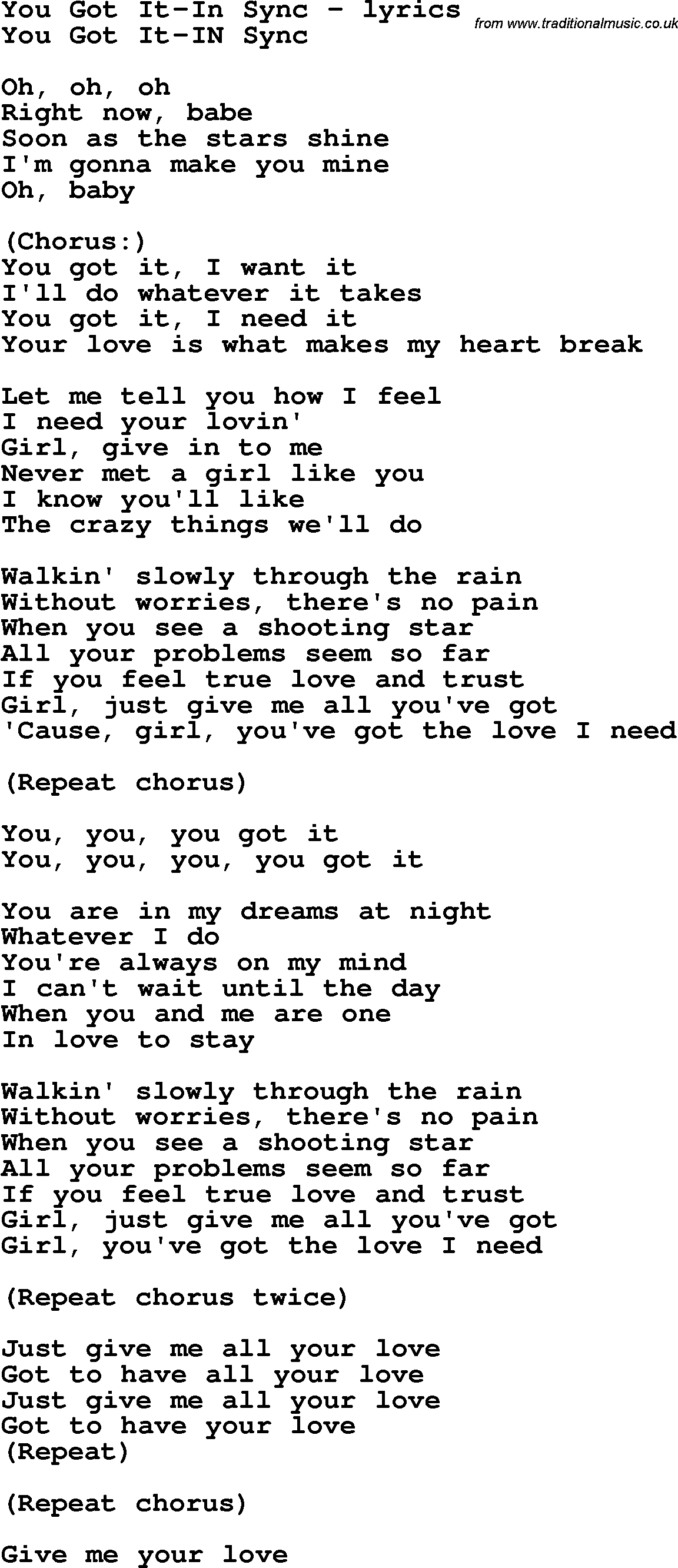Love Song Lyrics for: You Got It-In Sync
