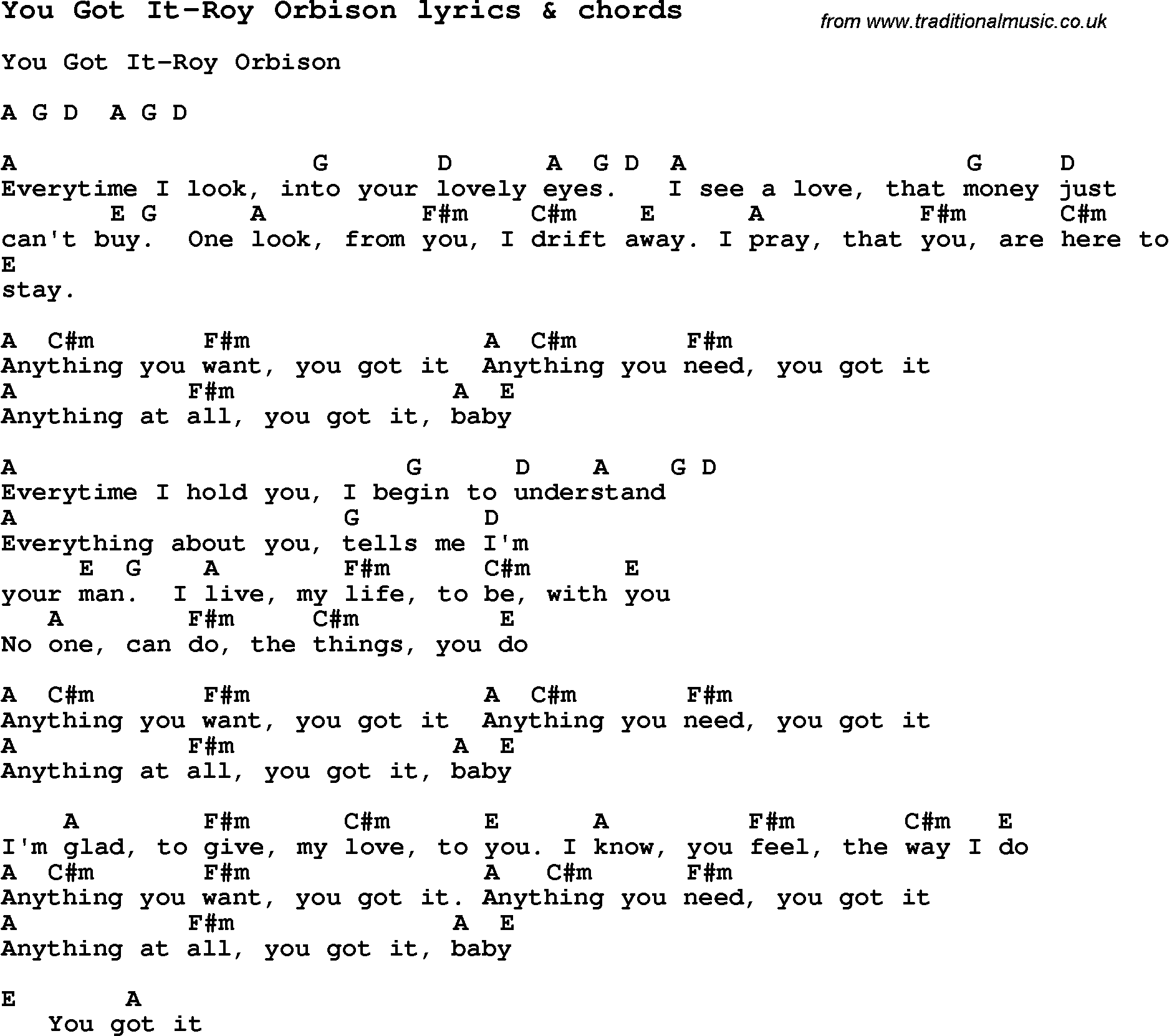 Love Song Lyrics for: You Got It-Roy Orbison with chords for Ukulele, Guitar Banjo etc.