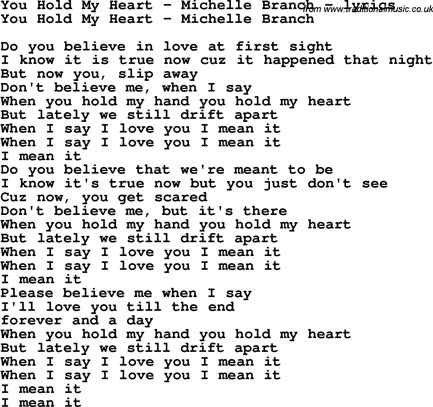 Love Song Lyrics for: You Hold My Heart - Michelle Branch