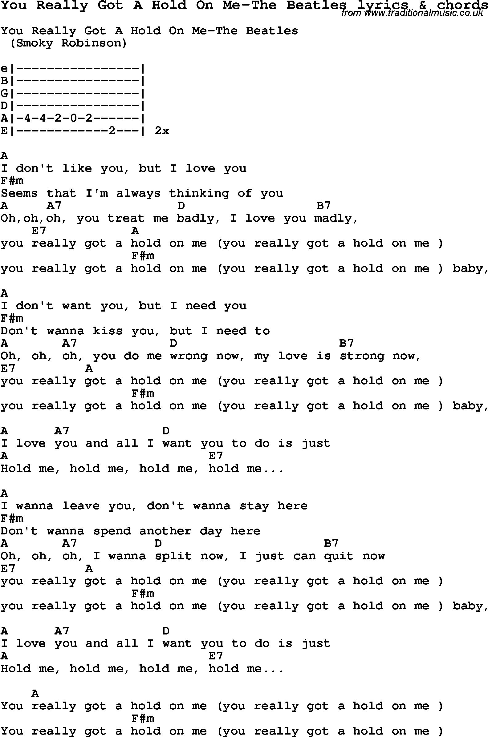 Love Song Lyrics for: You Really Got A Hold On Me-The Beatles with chords for Ukulele, Guitar Banjo etc.