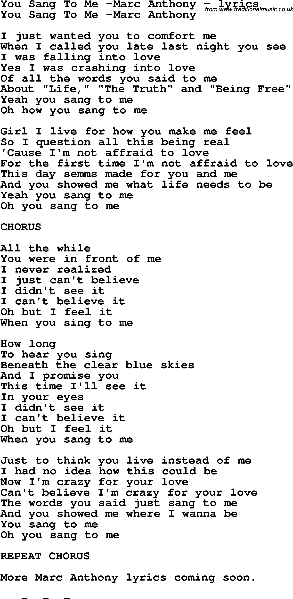 Love Song Lyrics for: You Sang To Me -Marc Anthony