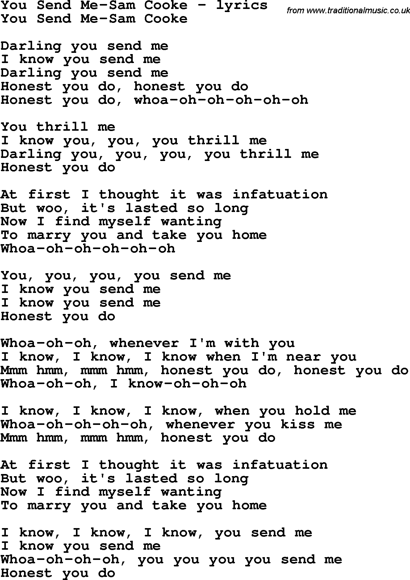 Love Song Lyrics for: You Send Me-Sam Cooke