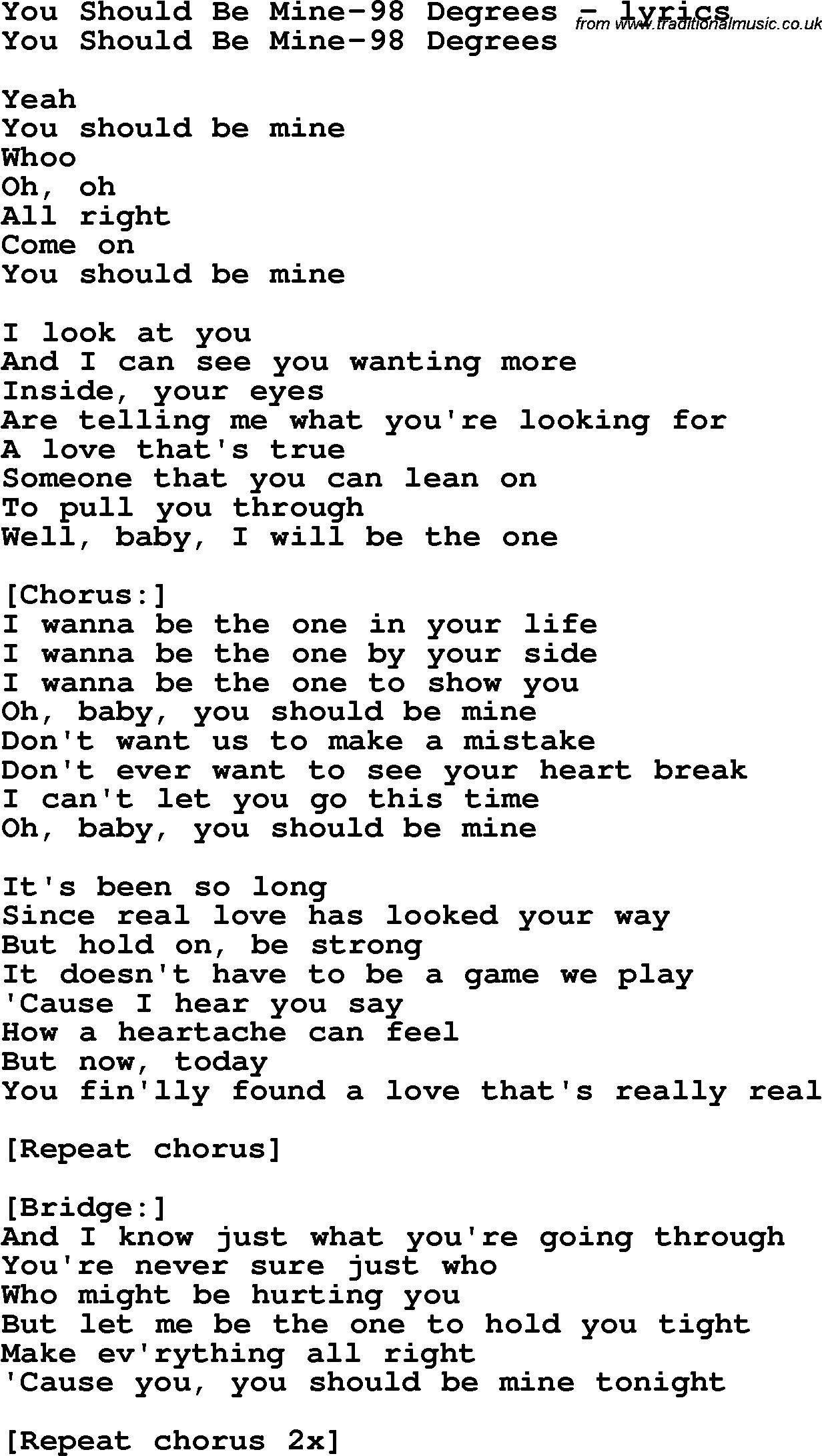 Love Song Lyrics for: You Should Be Mine-98 Degrees