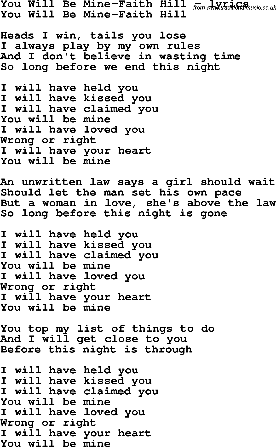 Love Song Lyrics for: You Will Be Mine-Faith Hill
