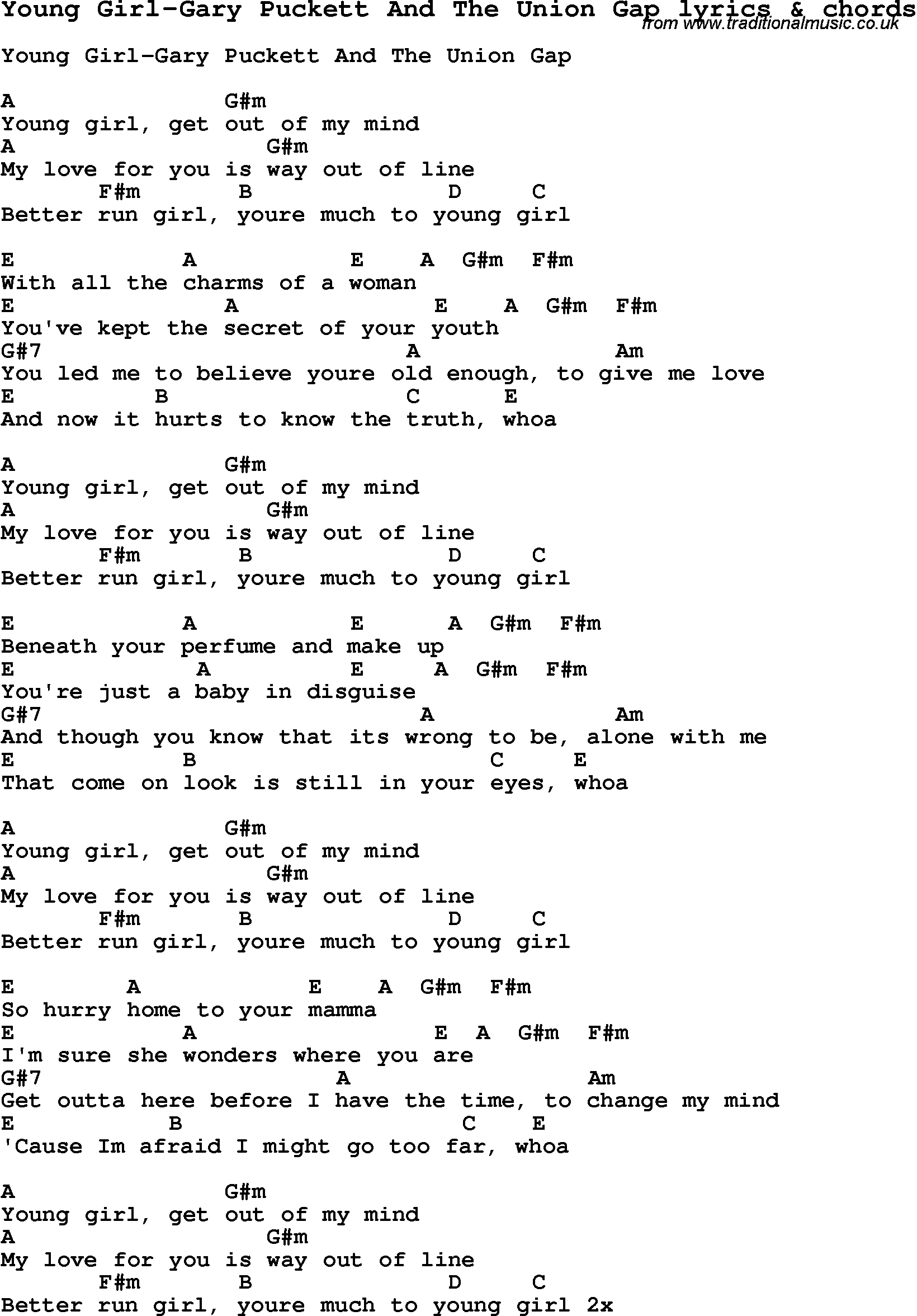 Love Song Lyrics for: Young Girl-Gary Puckett And The Union Gap with chords for Ukulele, Guitar Banjo etc.