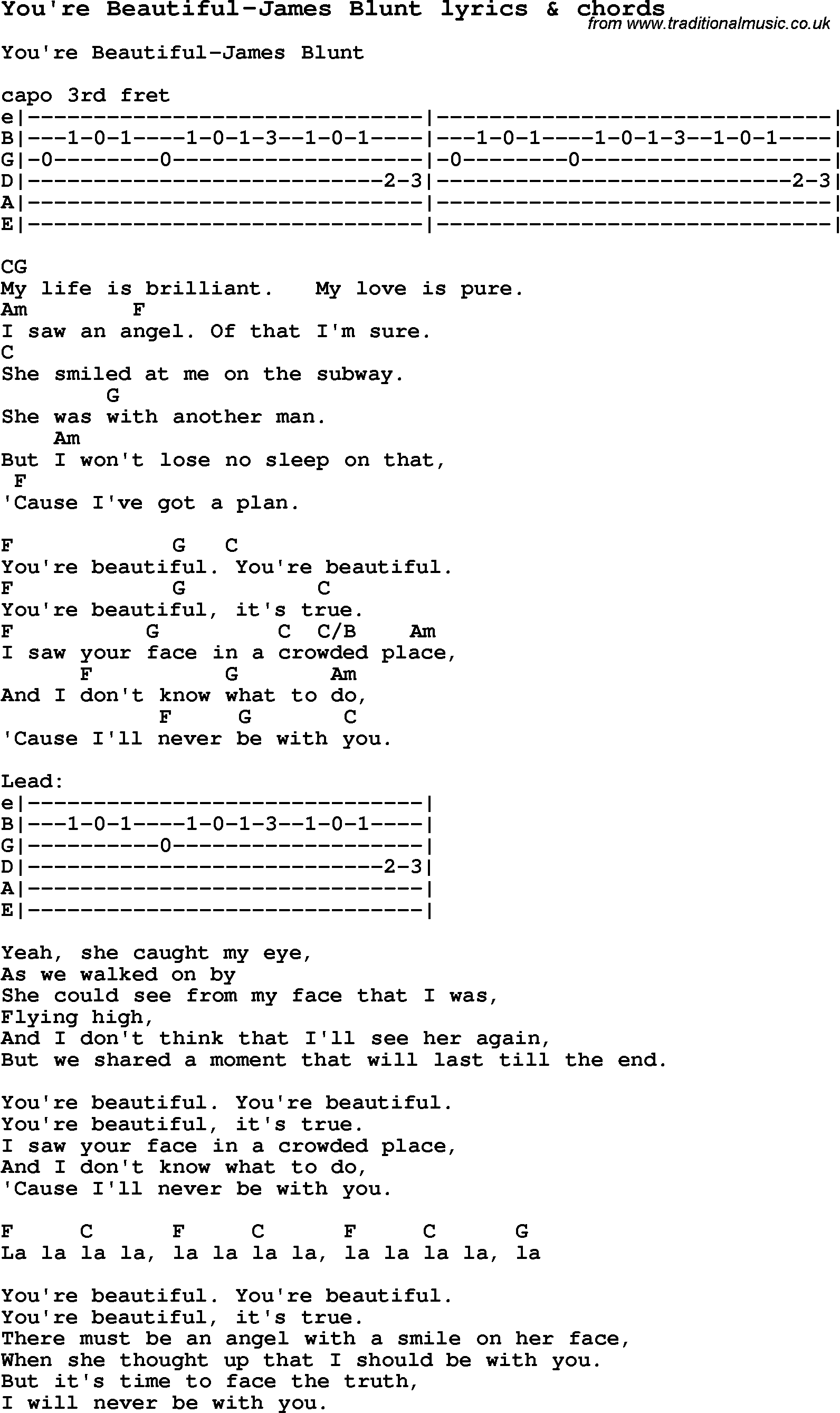 Love Song Lyrics for: You're Beautiful-James Blunt with chords for Ukulele, Guitar Banjo etc.