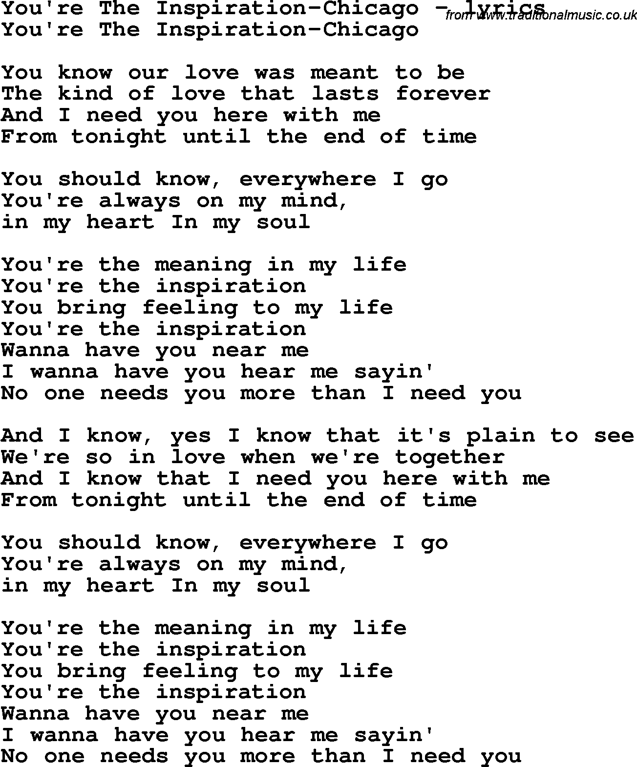 Love Song Lyrics for: You're The Inspiration-Chicago