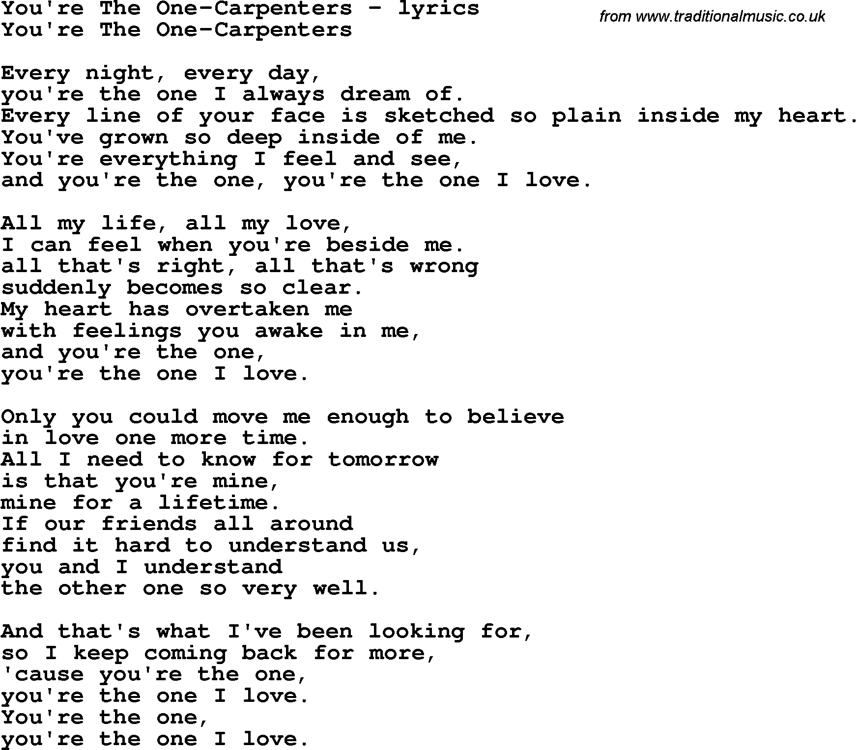 Love Song Lyrics for: You're The One-Carpenters