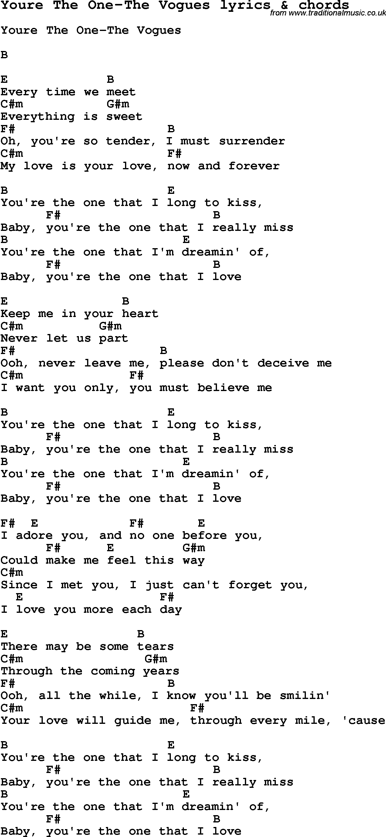 Love Song Lyrics for: Youre The One-The Vogues with chords for Ukulele, Guitar Banjo etc.