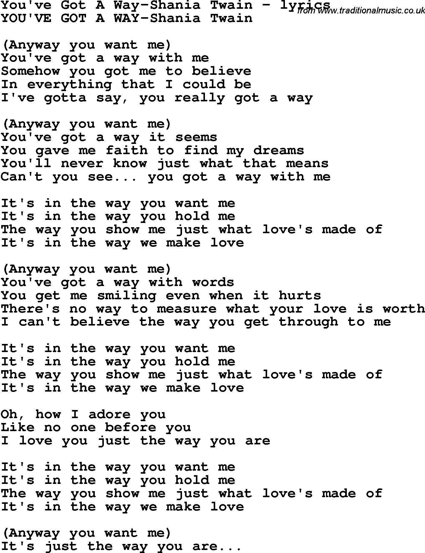 Love Song Lyrics for: You've Got A Way-Shania Twain
