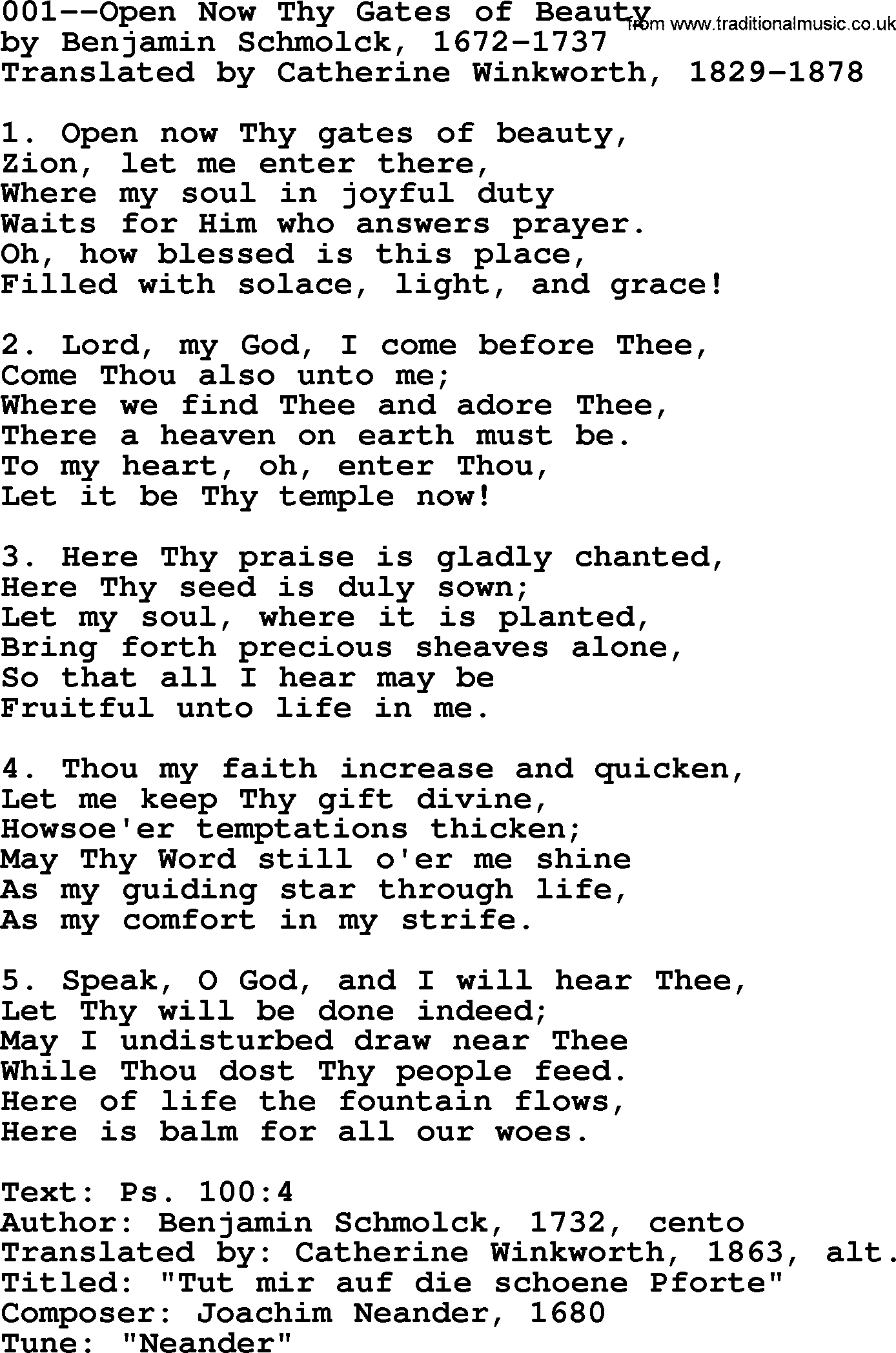 Lutheran Hymn: 001--Open Now Thy Gates of Beauty.txt lyrics with PDF