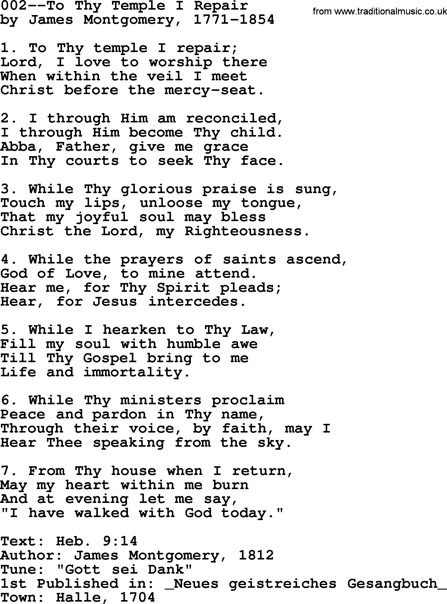 Lutheran Hymn: 002--To Thy Temple I Repair.txt lyrics with PDF