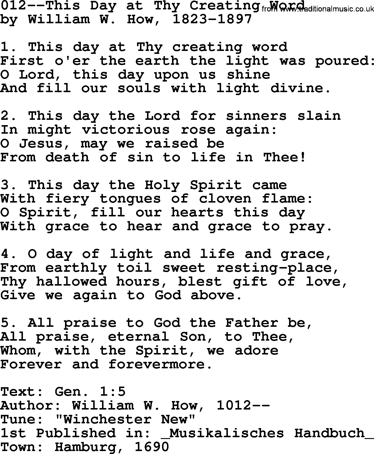 Lutheran Hymn: 012--This Day at Thy Creating Word.txt lyrics with PDF