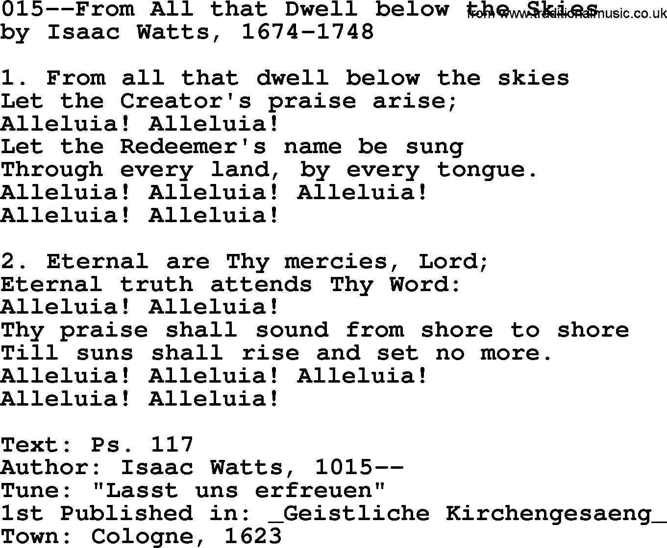 Lutheran Hymn: 015--From All that Dwell below the Skies.txt lyrics with PDF