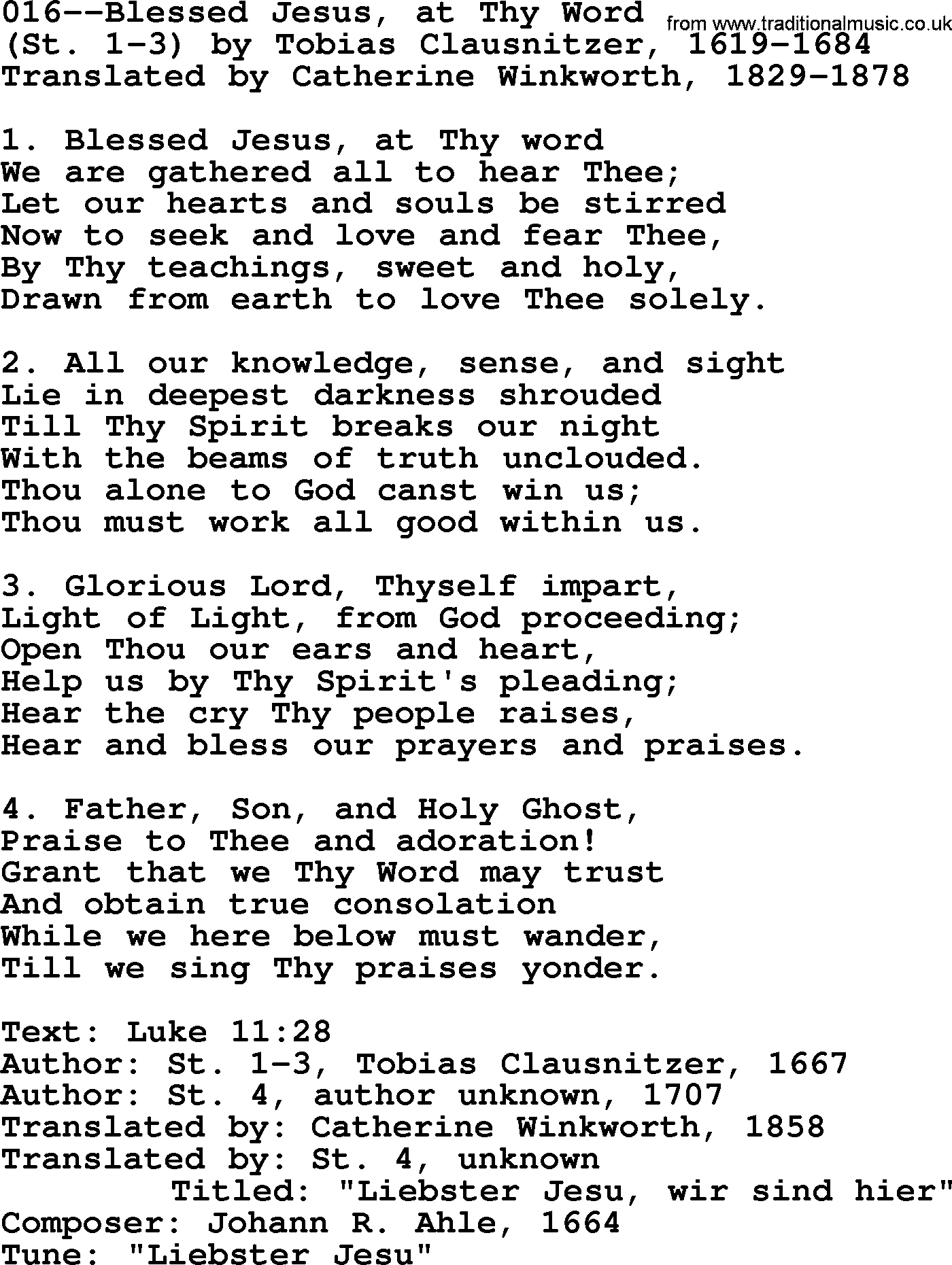 Lutheran Hymn: 016--Blessed Jesus, at Thy Word.txt lyrics with PDF