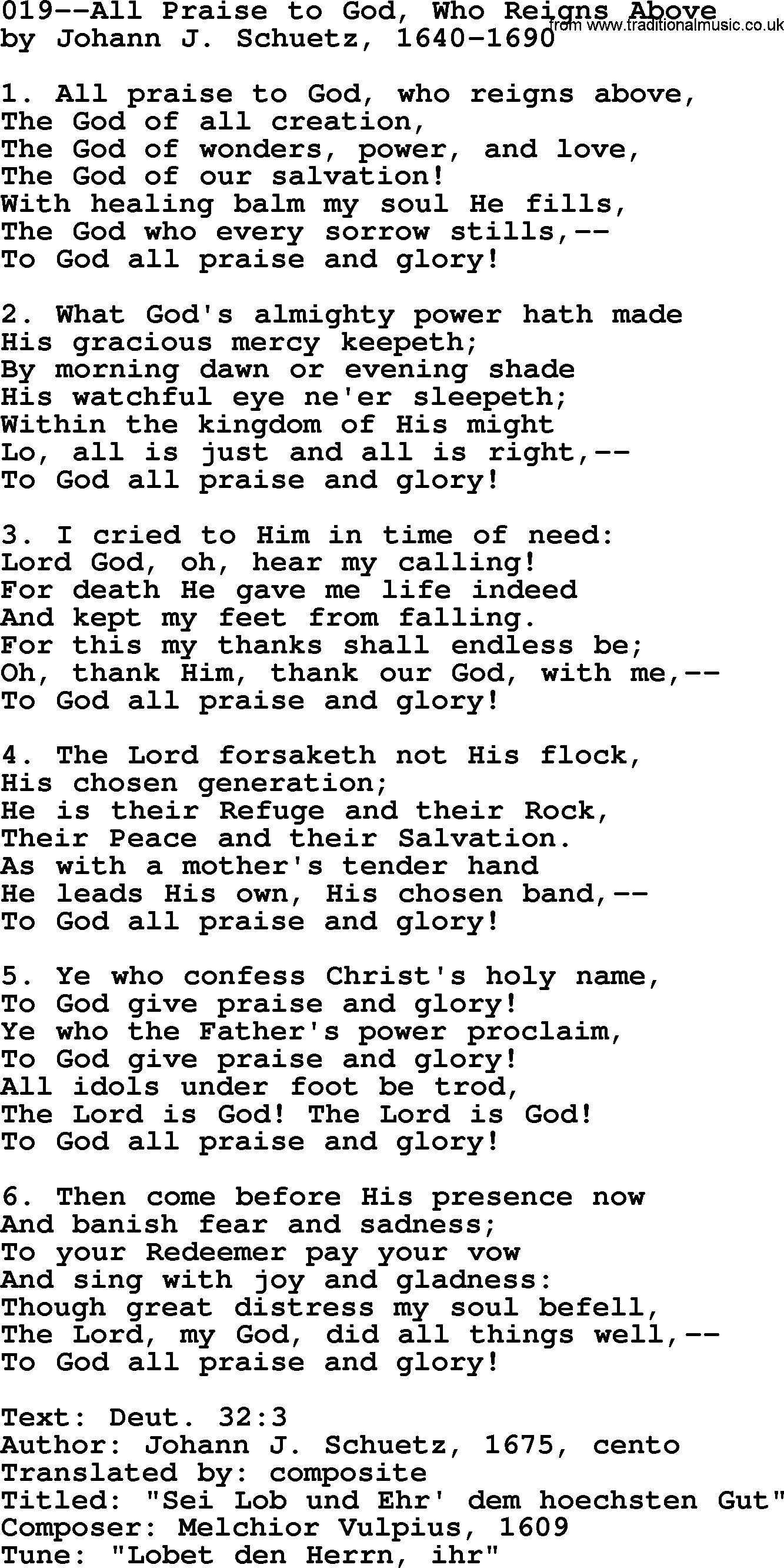 Lutheran Hymn: 019--All Praise to God, Who Reigns Above.txt lyrics with PDF
